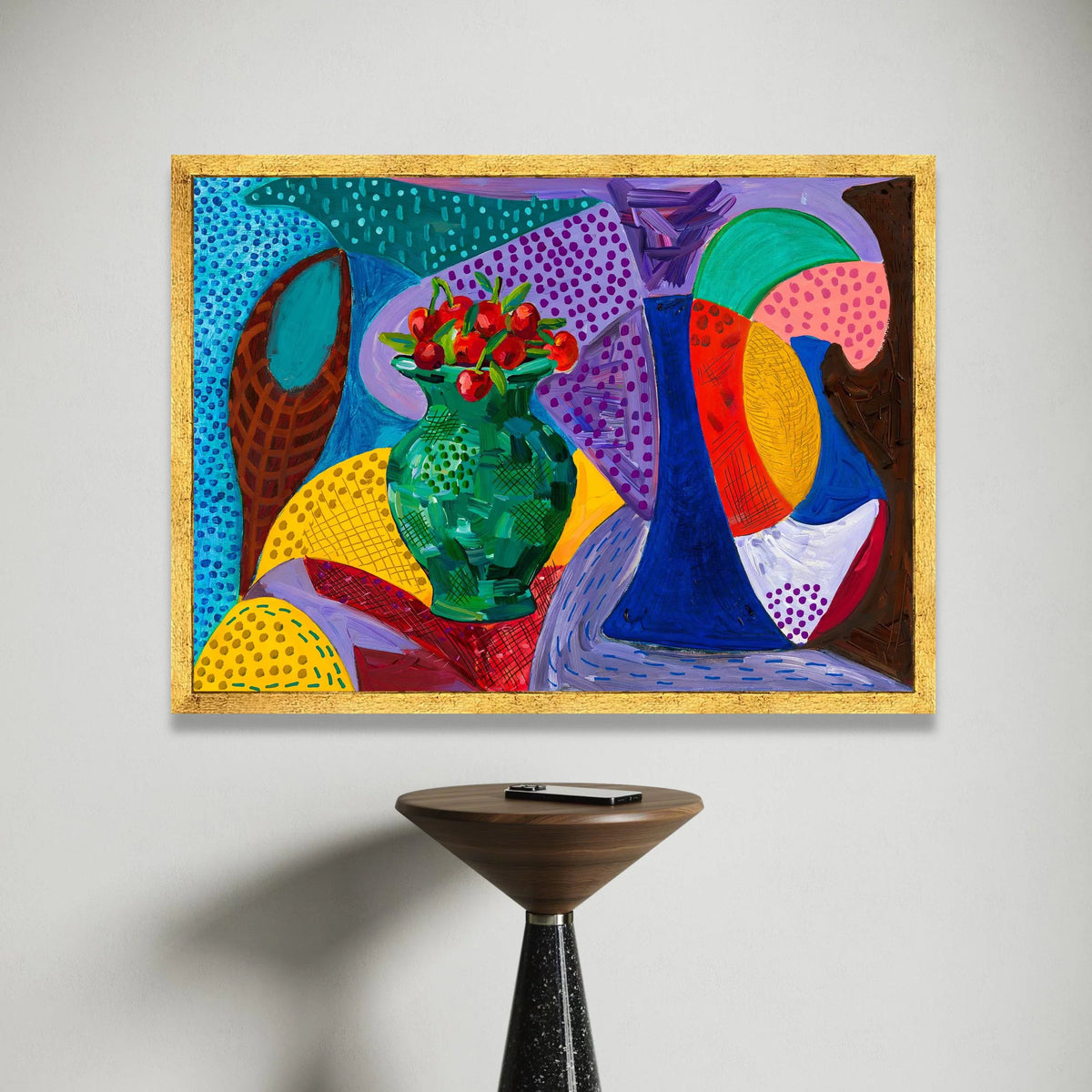 David Hockney Style Still Life Canvas, Colorful Vase and Fruit Art, Modern Abstract Home Decor, Bold Geometric Wall Art Canvas Print Art