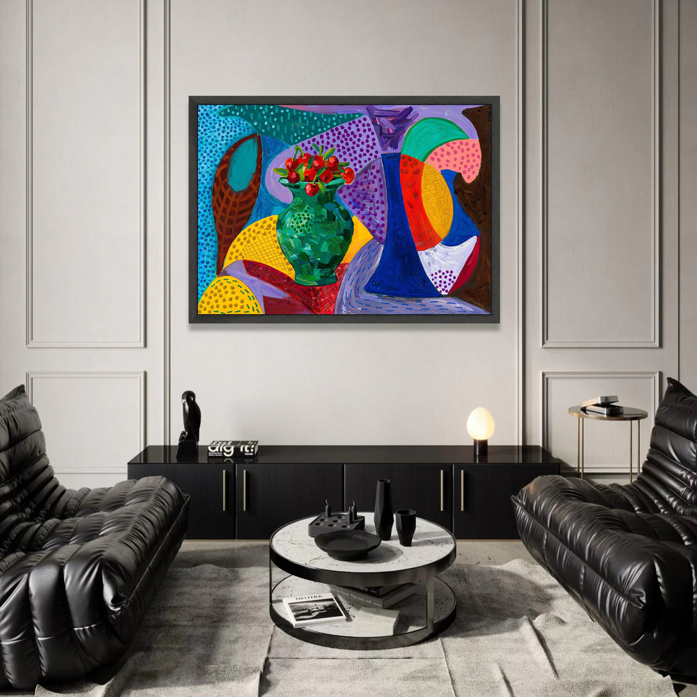 David Hockney Style Still Life Canvas, Colorful Vase and Fruit Art, Modern Abstract Home Decor, Bold Geometric Wall Art Canvas Print Art