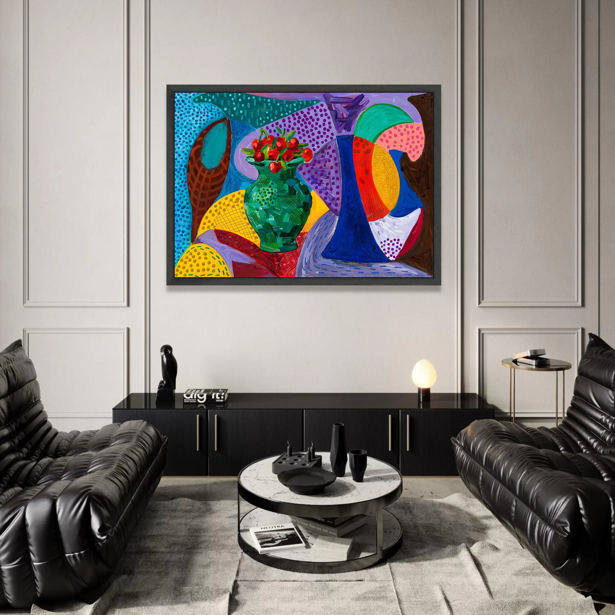 David Hockney Style Still Life Canvas, Colorful Vase and Fruit Art, Modern Abstract Home Decor, Bold Geometric Wall Art Canvas Print Art