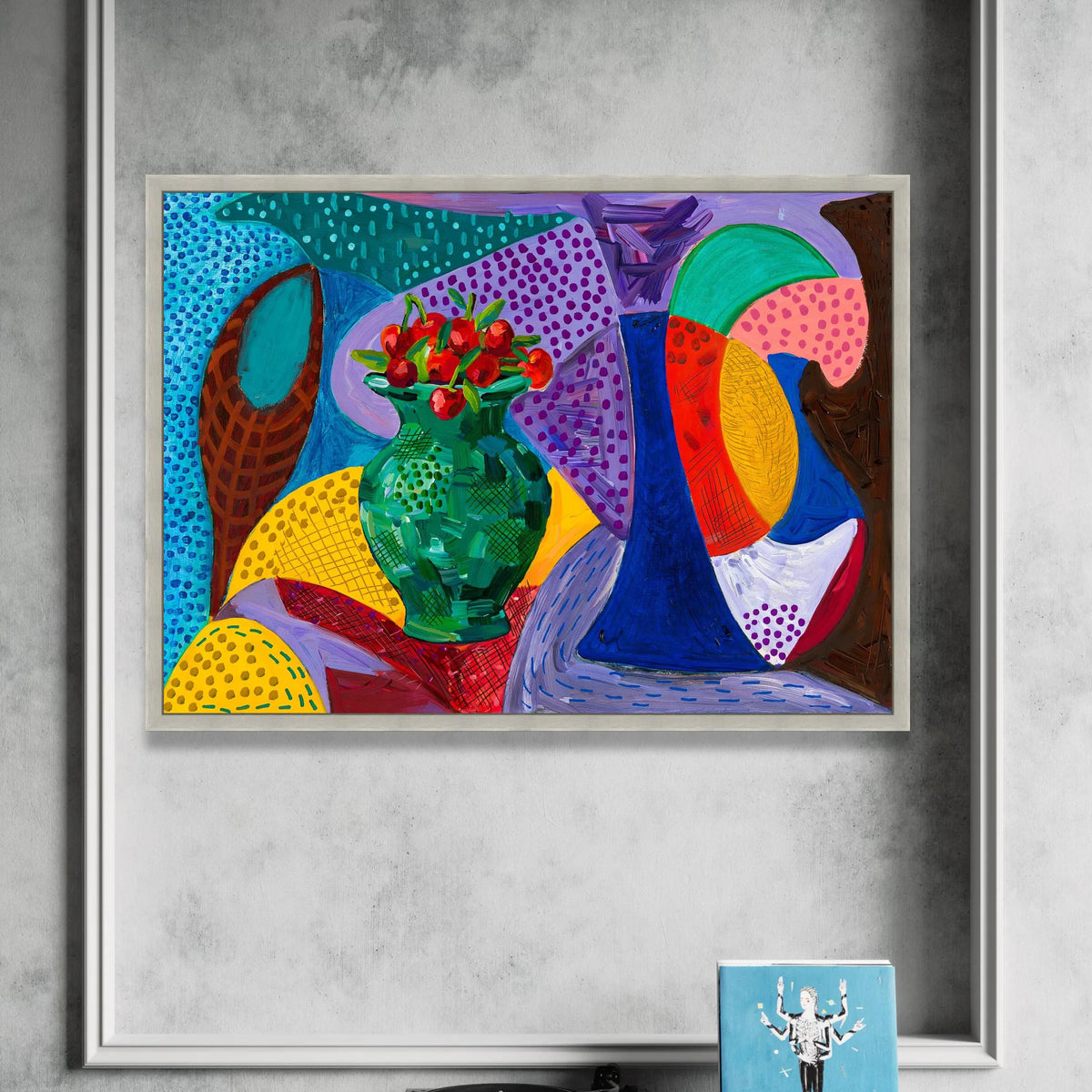 David Hockney Style Still Life Canvas, Colorful Vase and Fruit Art, Modern Abstract Home Decor, Bold Geometric Wall Art Canvas Print Art
