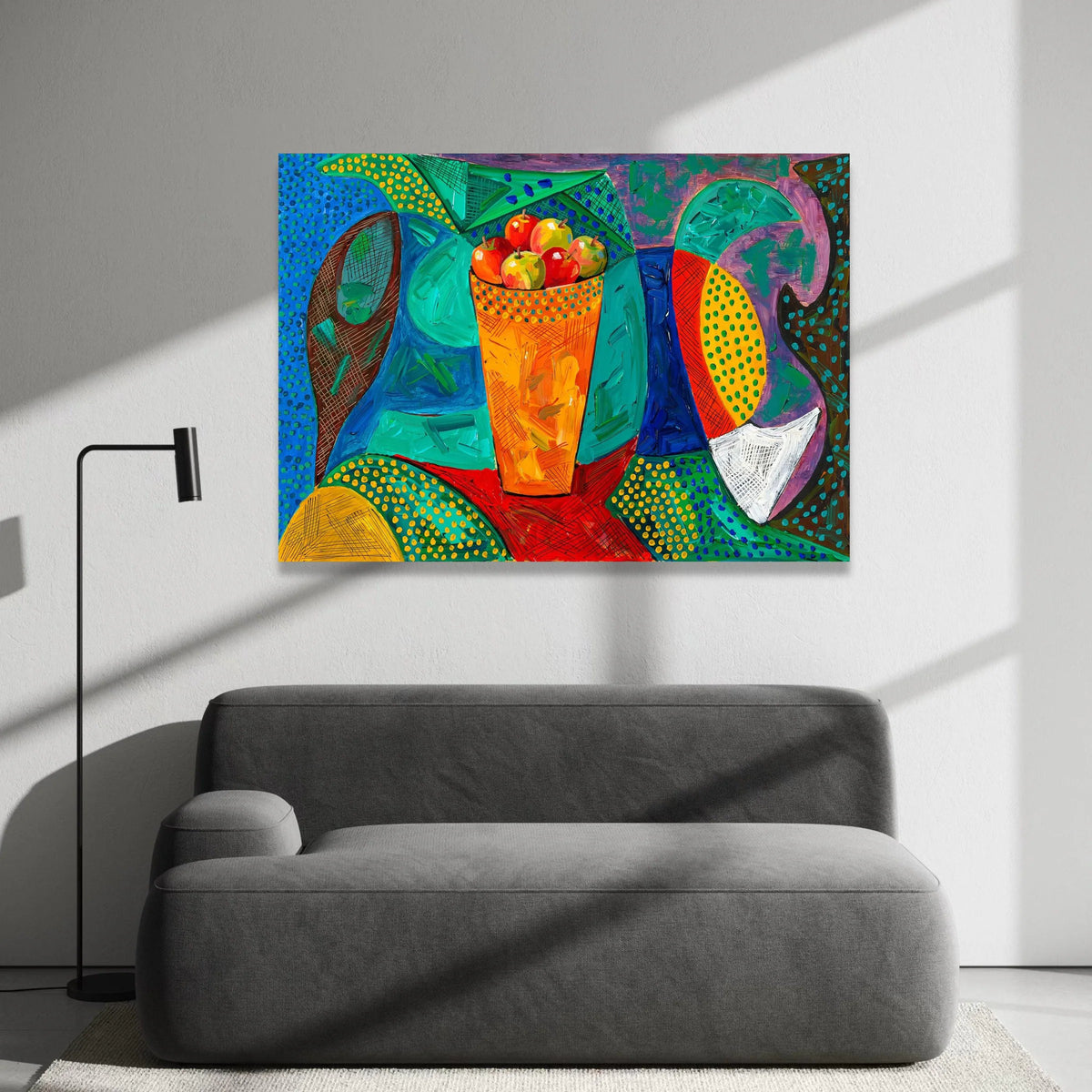 David Hockney Style Vibrant Still Life, Colorful Fruit Basket Canvas, Abstract Modern Wall Art, Contemporary Home Canvas Print Art