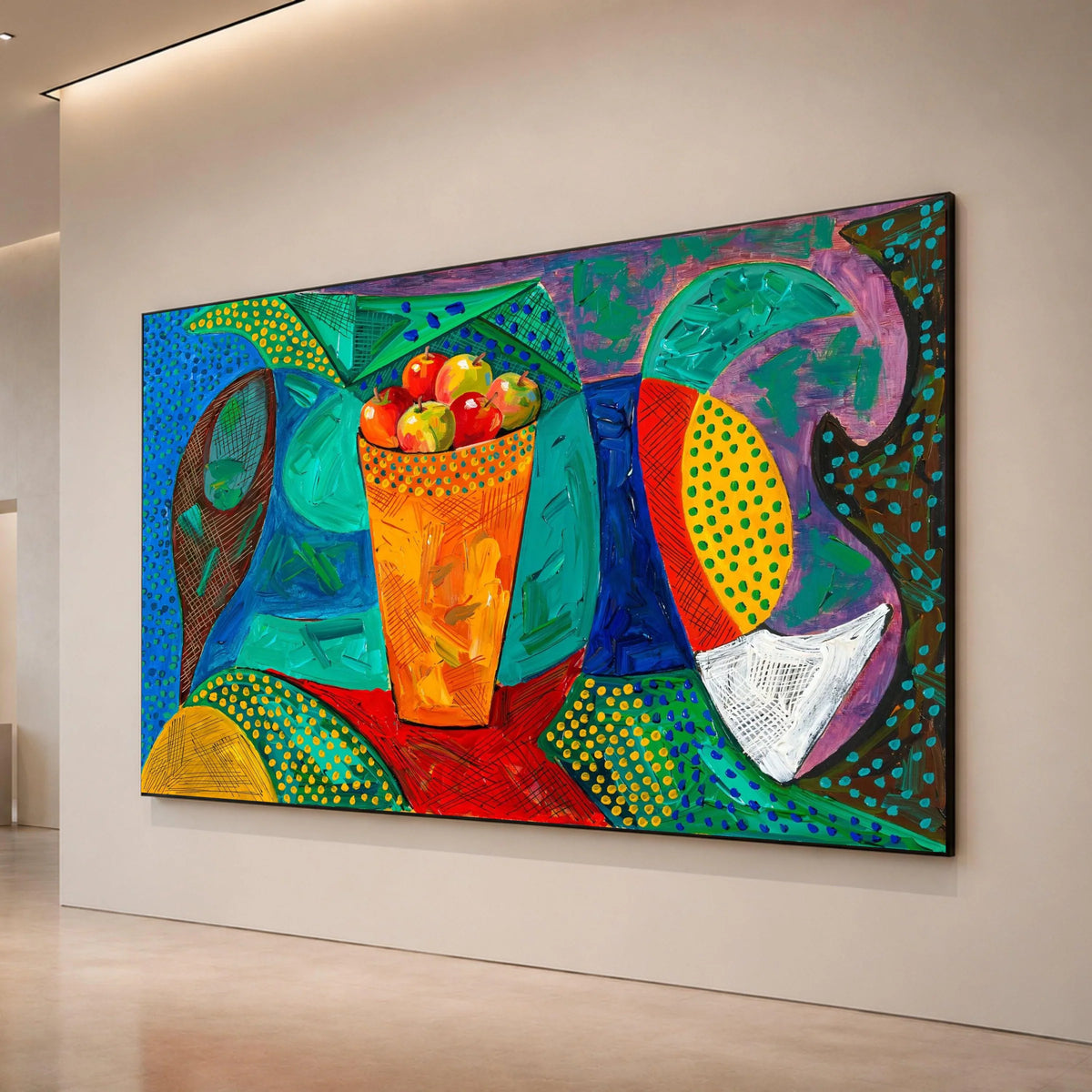 David Hockney Style Vibrant Still Life, Colorful Fruit Basket Canvas, Abstract Modern Wall Art, Contemporary Home Canvas Print Art