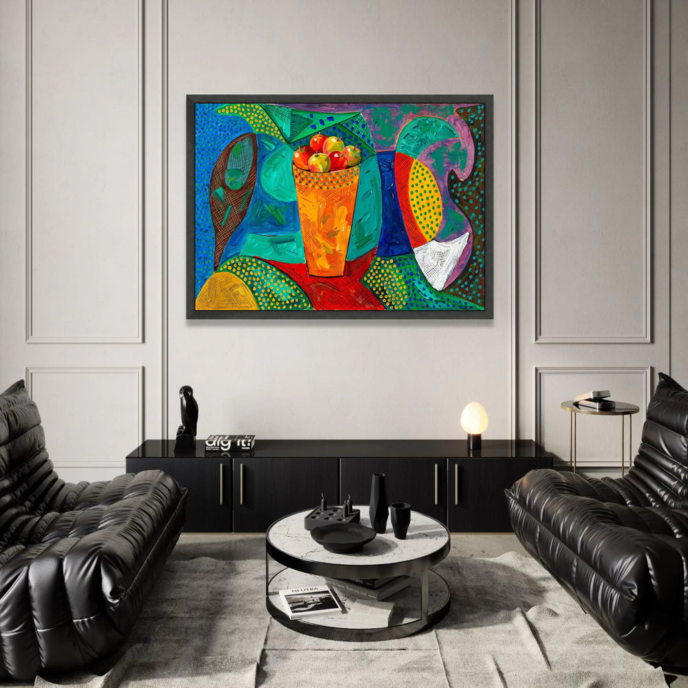 David Hockney Style Vibrant Still Life, Colorful Fruit Basket Canvas, Abstract Modern Wall Art, Contemporary Home Canvas Print Art
