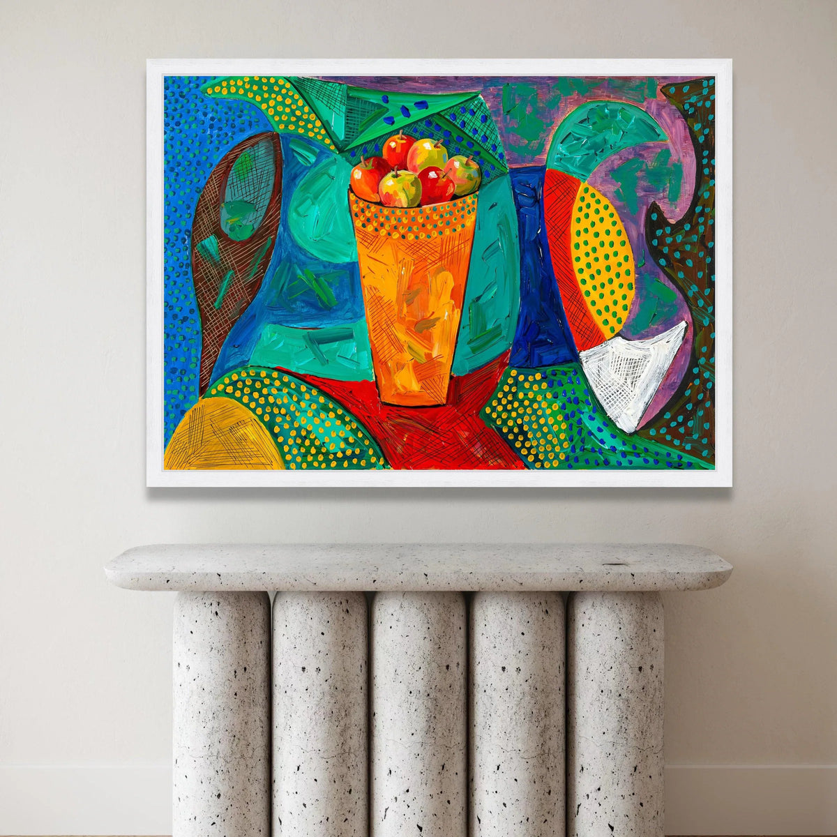 David Hockney Style Vibrant Still Life, Colorful Fruit Basket Canvas, Abstract Modern Wall Art, Contemporary Home Canvas Print Art