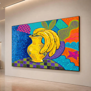 David Hockney Style Bright Bananas and Vase Canvas Wall Art, Colorful Pop Art Home Decor, Modern Still Life Painting Print Canvas Print Art