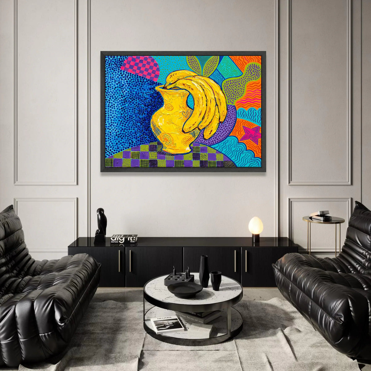David Hockney Style Bright Bananas and Vase Canvas Wall Art, Colorful Pop Art Home Decor, Modern Still Life Painting Print Canvas Print Art