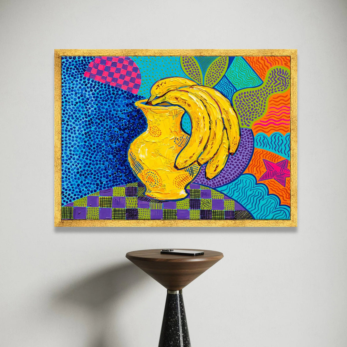 David Hockney Style Bright Bananas and Vase Canvas Wall Art, Colorful Pop Art Home Decor, Modern Still Life Painting Print Canvas Print Art