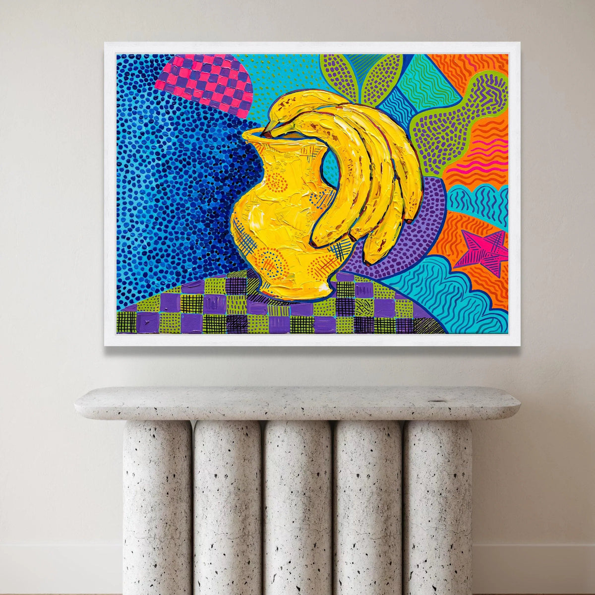 David Hockney Style Bright Bananas and Vase Canvas Wall Art, Colorful Pop Art Home Decor, Modern Still Life Painting Print Canvas Print Art