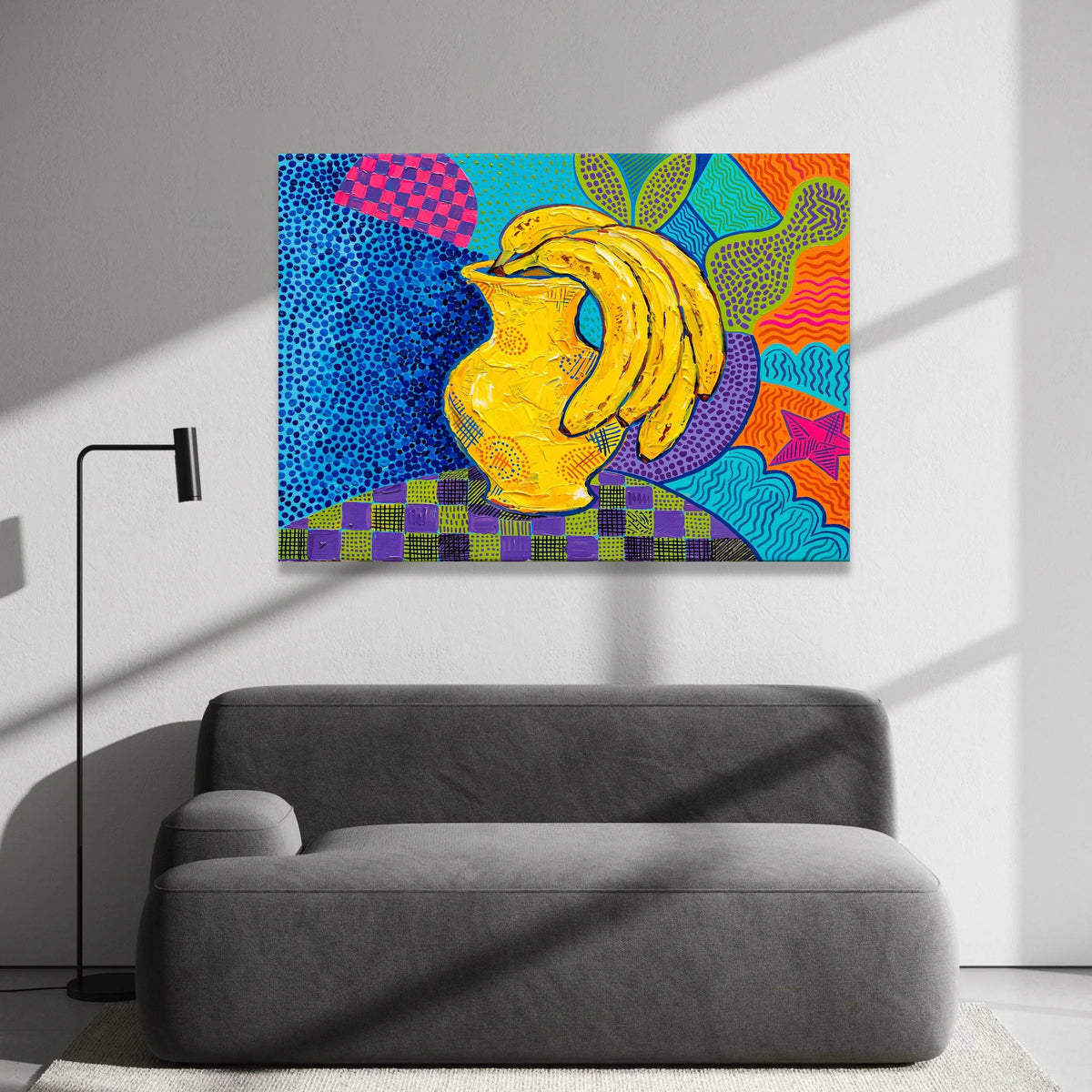 David Hockney Style Bright Bananas and Vase Canvas Wall Art, Colorful Pop Art Home Decor, Modern Still Life Painting Print Canvas Print Art