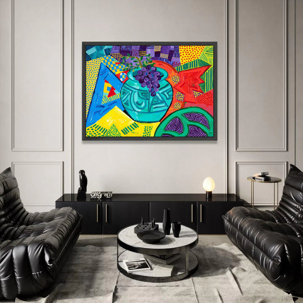 David Hockney Style Bold Color Still Life Canvas, Abstract Fruit Vase Wall Art, Contemporary Patterned Home Decor Canvas Print Art