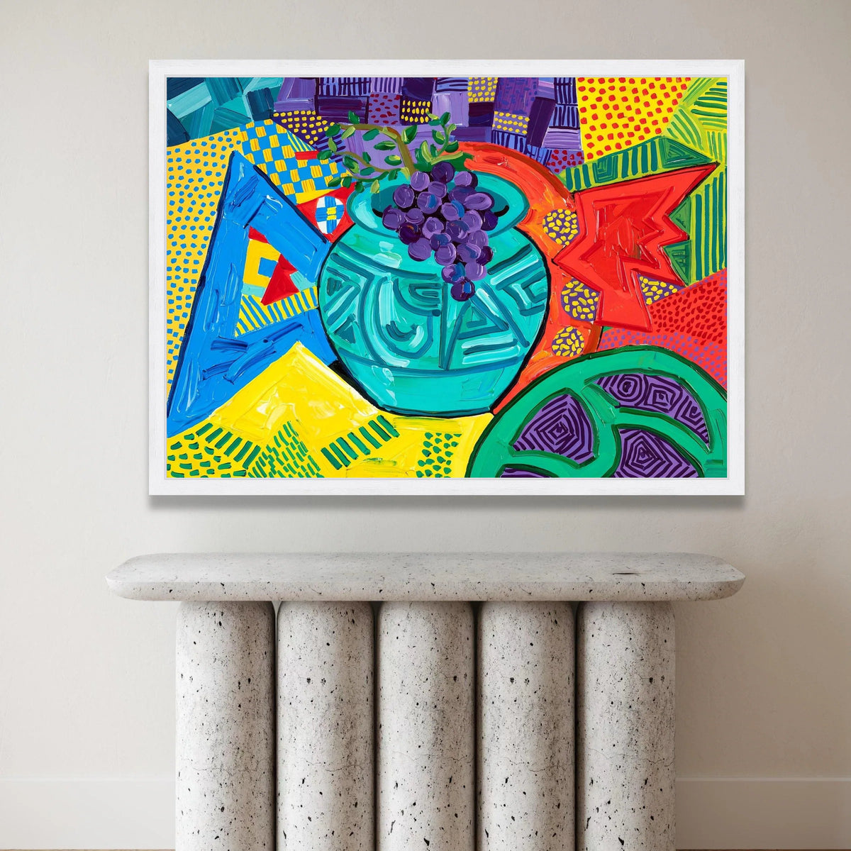 David Hockney Style Bold Color Still Life Canvas, Abstract Fruit Vase Wall Art, Contemporary Patterned Home Decor Canvas Print Art