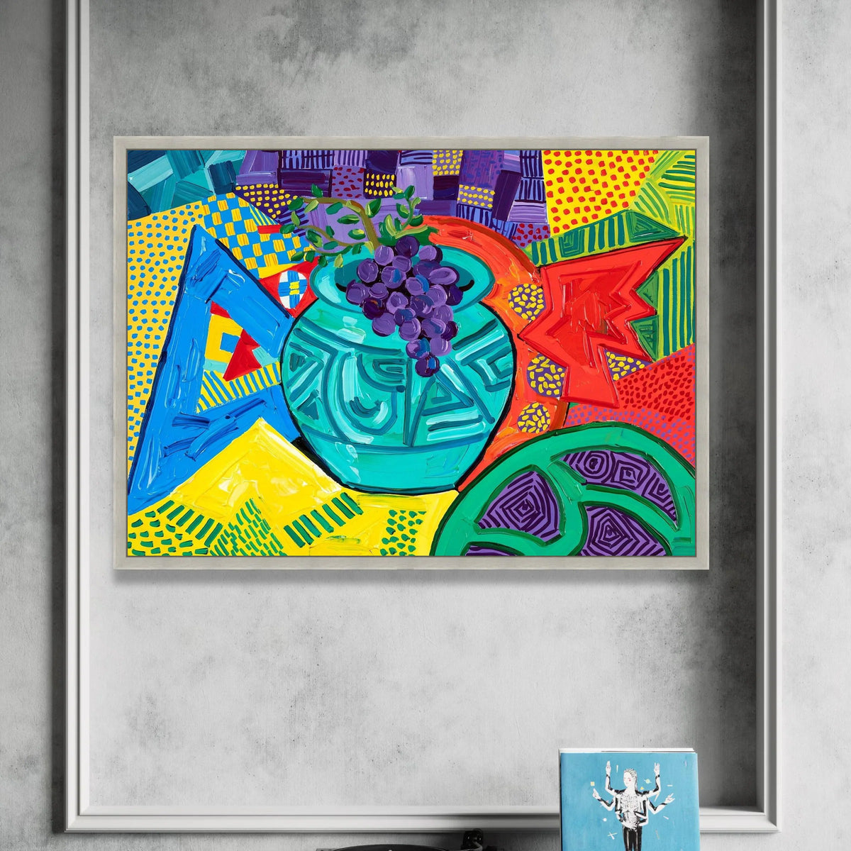 David Hockney Style Bold Color Still Life Canvas, Abstract Fruit Vase Wall Art, Contemporary Patterned Home Decor Canvas Print Art