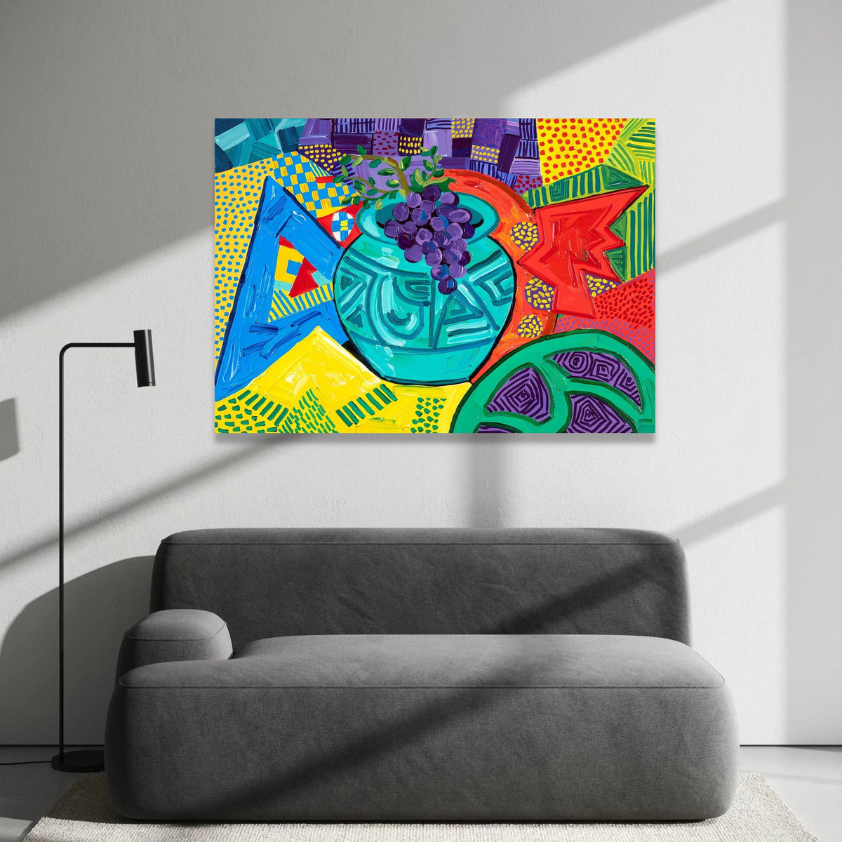 David Hockney Style Bold Color Still Life Canvas, Abstract Fruit Vase Wall Art, Contemporary Patterned Home Decor Canvas Print Art