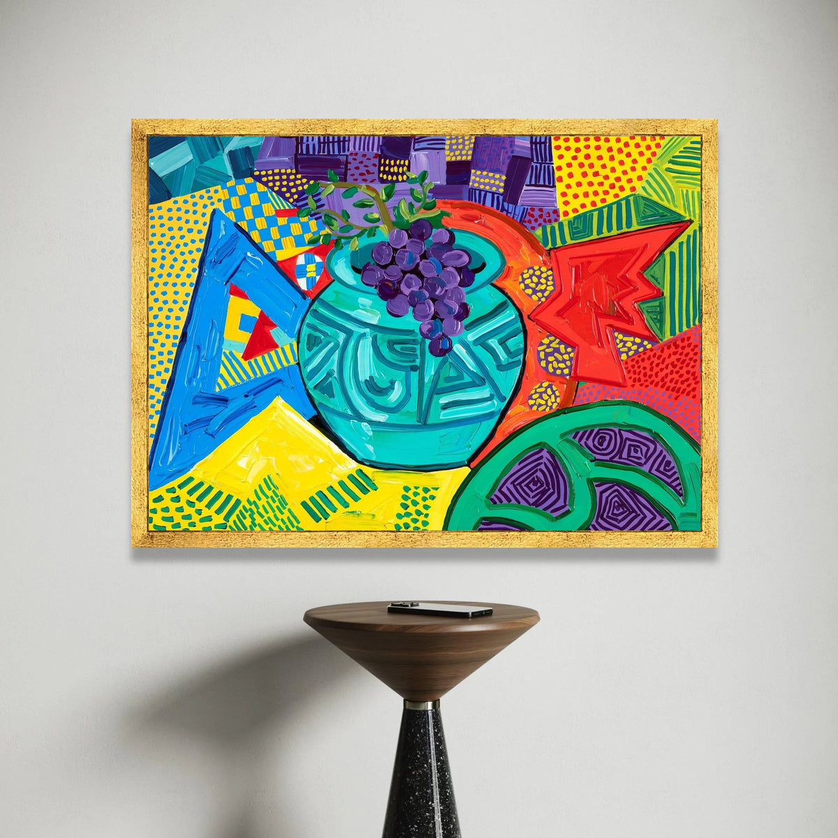 David Hockney Style Bold Color Still Life Canvas, Abstract Fruit Vase Wall Art, Contemporary Patterned Home Decor Canvas Print Art