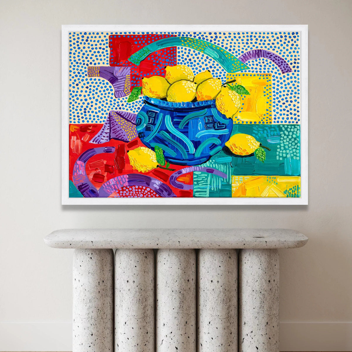 David Hockney Colorful Lemon Still Life Canvas, Vibrant Blue Vase Wall Art, Contemporary Pop Art Fruit Decor Canvas Print Art