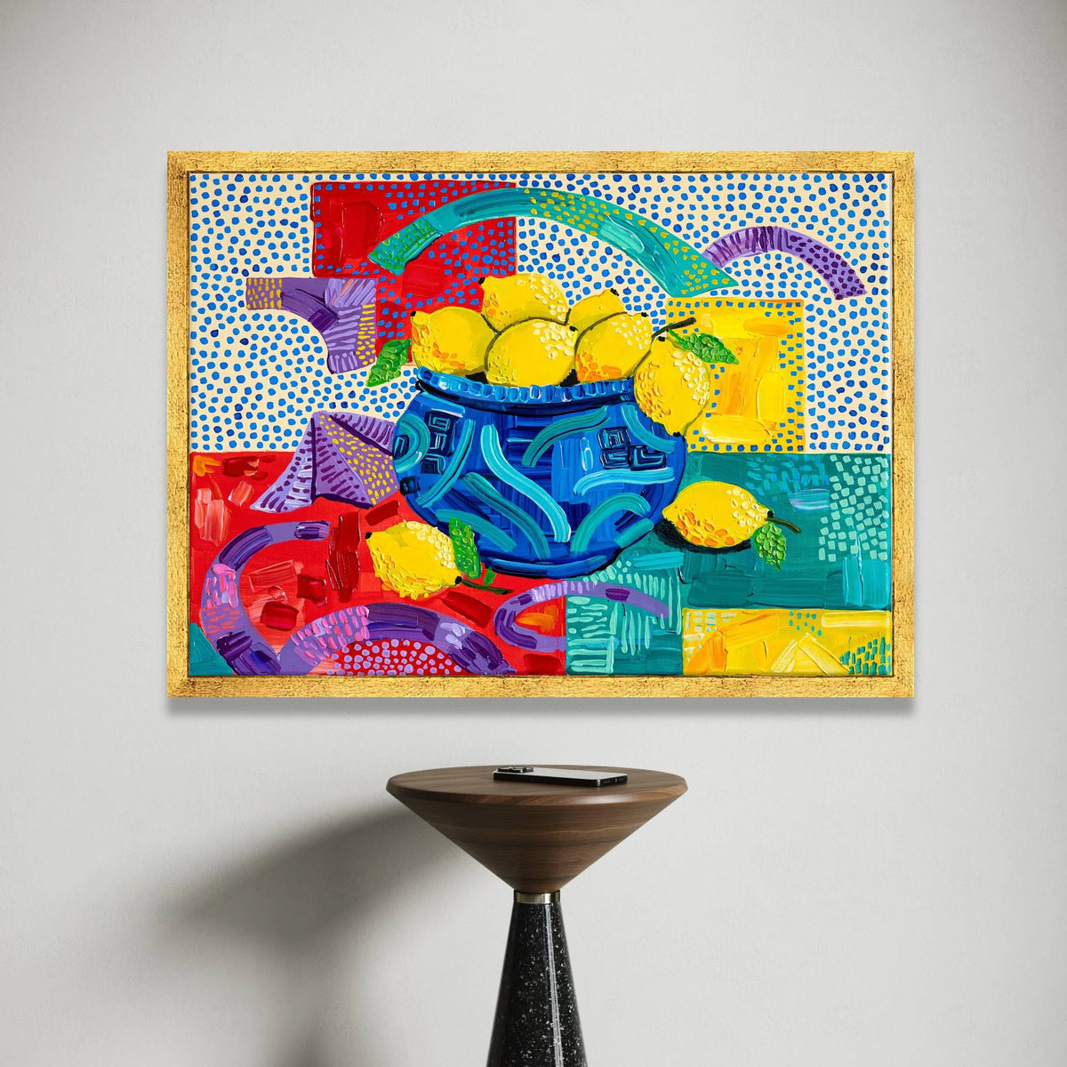 David Hockney Colorful Lemon Still Life Canvas, Vibrant Blue Vase Wall Art, Contemporary Pop Art Fruit Decor Canvas Print Art
