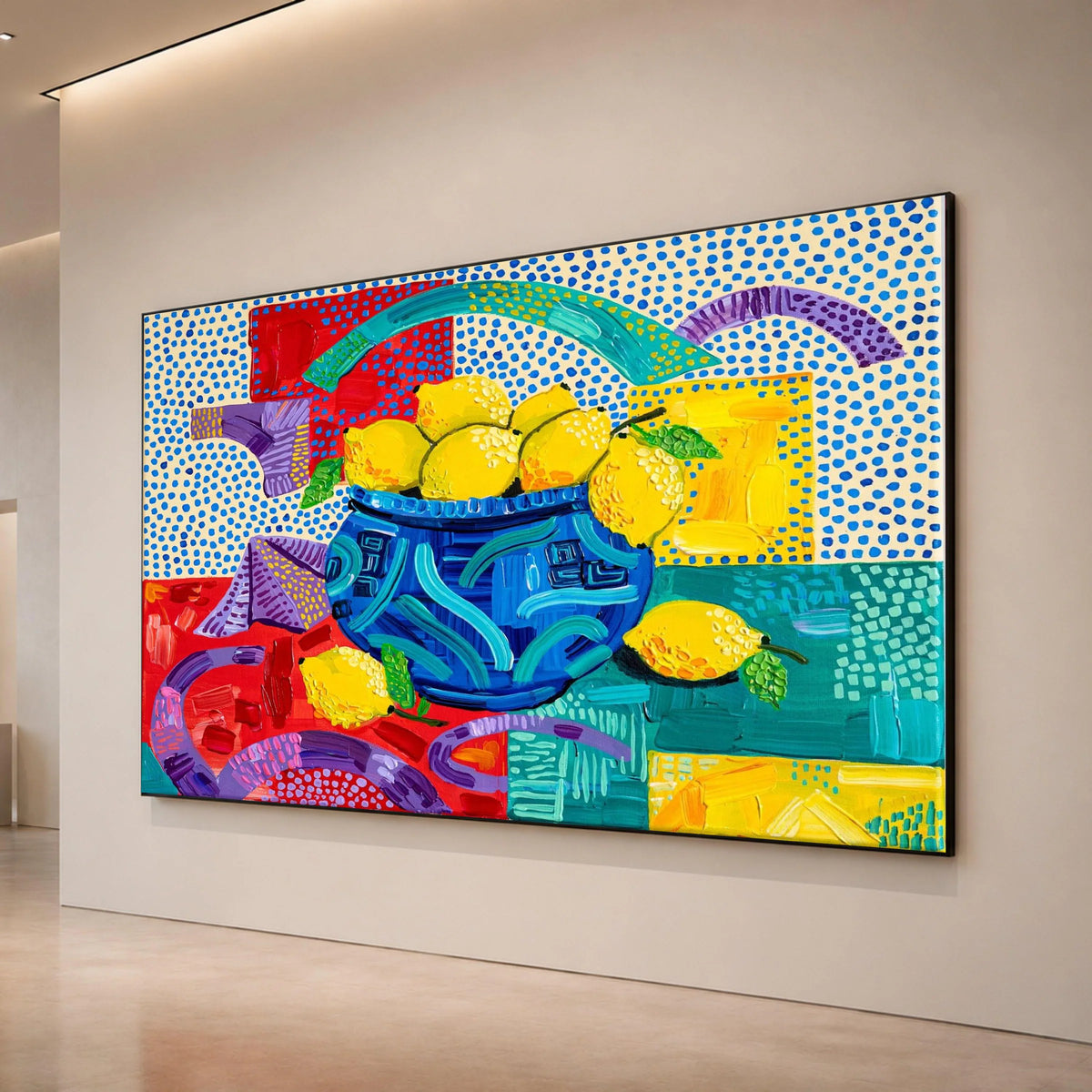 David Hockney Colorful Lemon Still Life Canvas, Vibrant Blue Vase Wall Art, Contemporary Pop Art Fruit Decor Canvas Print Art