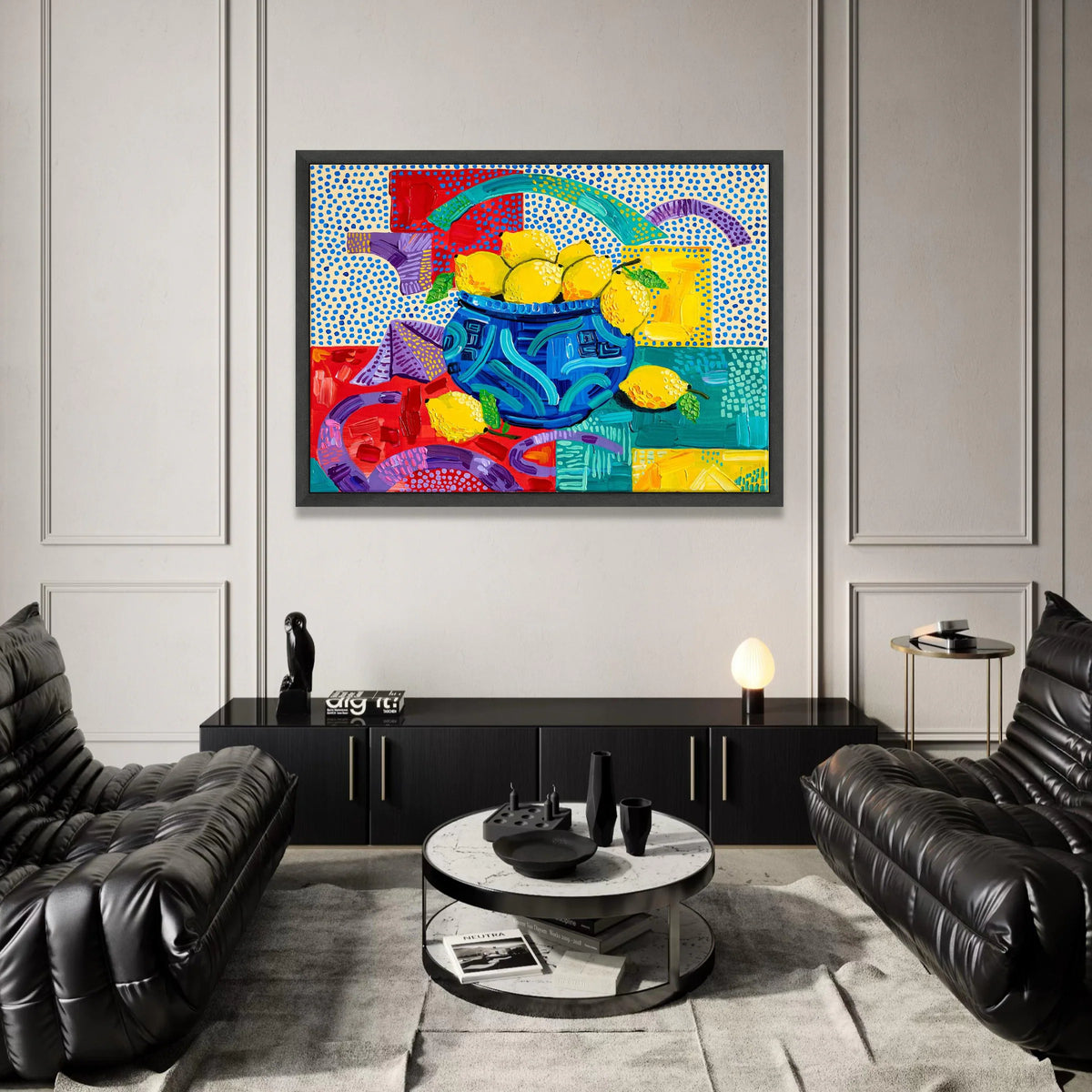 David Hockney Colorful Lemon Still Life Canvas, Vibrant Blue Vase Wall Art, Contemporary Pop Art Fruit Decor Canvas Print Art