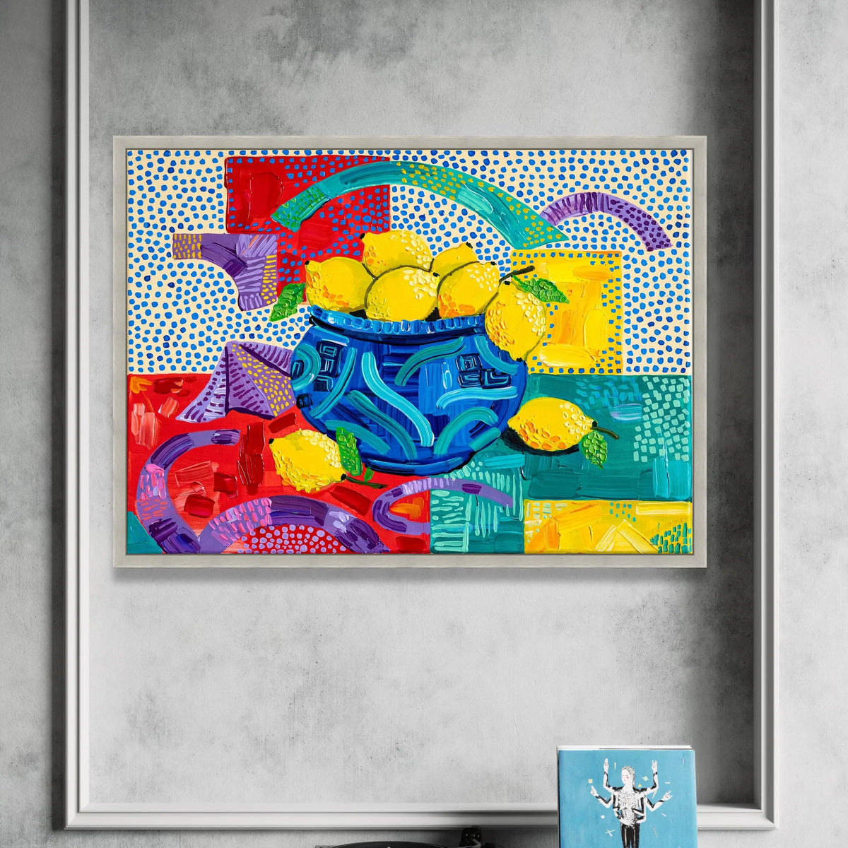 David Hockney Colorful Lemon Still Life Canvas, Vibrant Blue Vase Wall Art, Contemporary Pop Art Fruit Decor Canvas Print Art