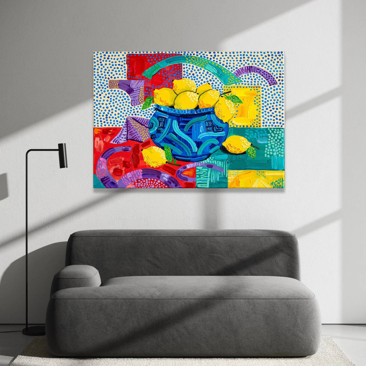 David Hockney Colorful Lemon Still Life Canvas, Vibrant Blue Vase Wall Art, Contemporary Pop Art Fruit Decor Canvas Print Art