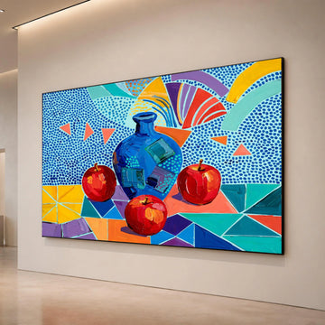 David Hockney Style Still Life Canvas, Colorful Apples and Blue Vase, Contemporary Abstract Wall Art, Modern Geometric Home Canvas Print Art