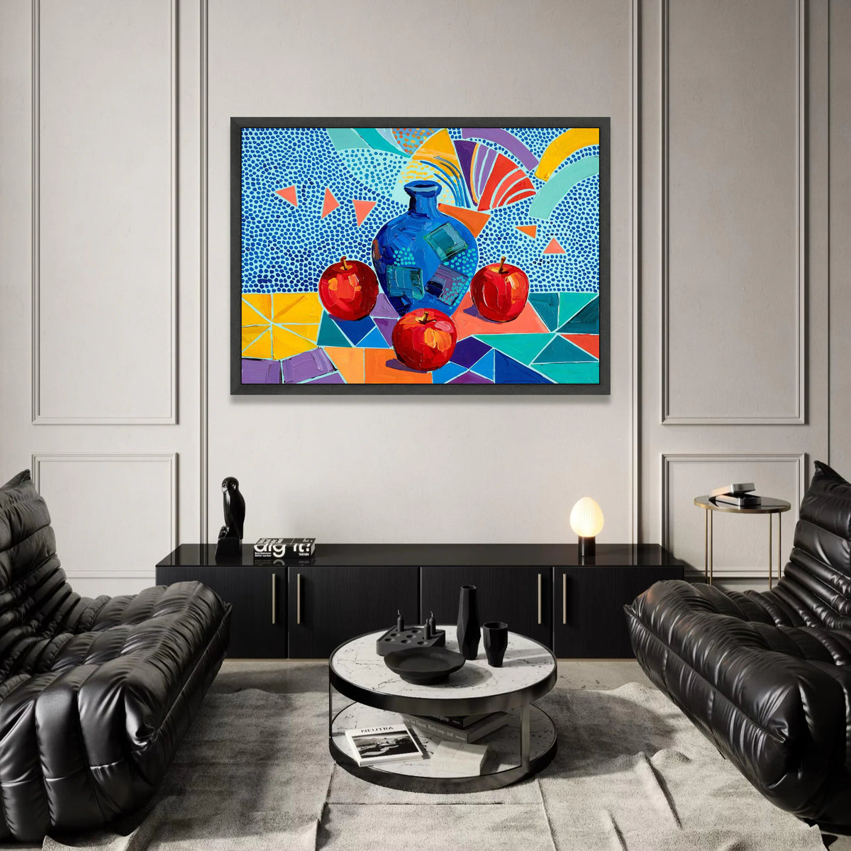 David Hockney Style Still Life Canvas, Colorful Apples and Blue Vase, Contemporary Abstract Wall Art, Modern Geometric Home Canvas Print Art