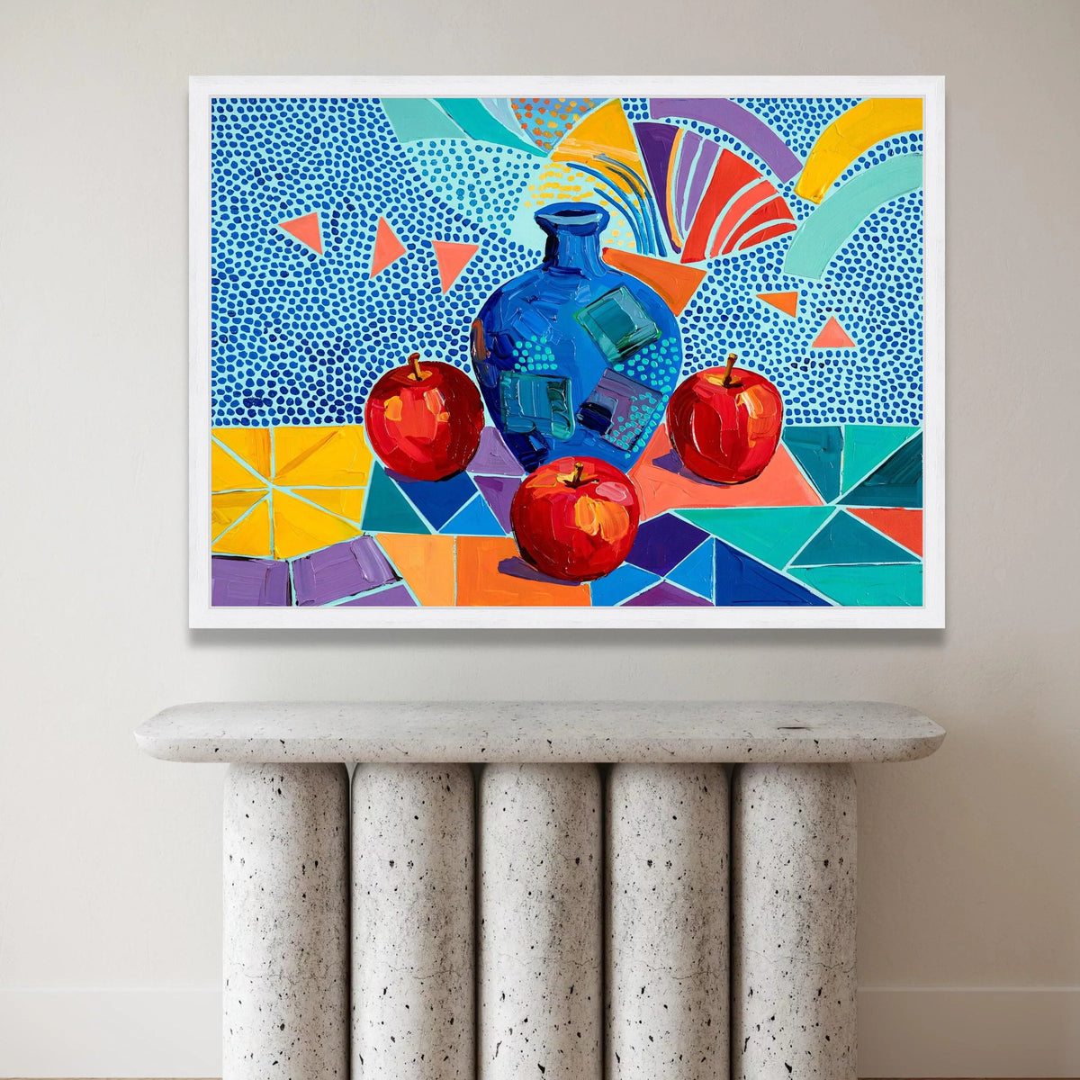 David Hockney Style Still Life Canvas, Colorful Apples and Blue Vase, Contemporary Abstract Wall Art, Modern Geometric Home Canvas Print Art
