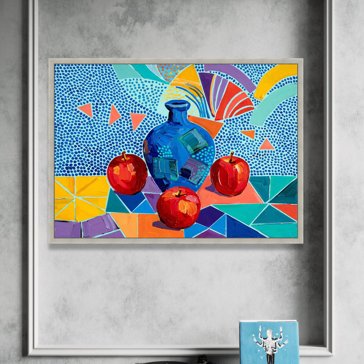David Hockney Style Still Life Canvas, Colorful Apples and Blue Vase, Contemporary Abstract Wall Art, Modern Geometric Home Canvas Print Art