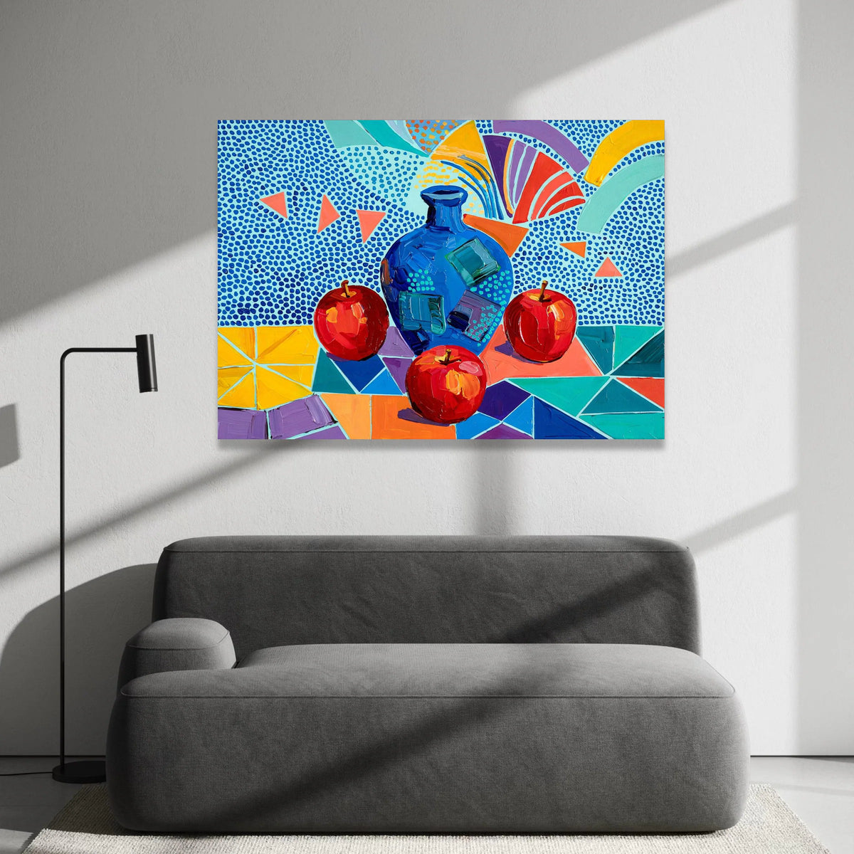 David Hockney Style Still Life Canvas, Colorful Apples and Blue Vase, Contemporary Abstract Wall Art, Modern Geometric Home Canvas Print Art