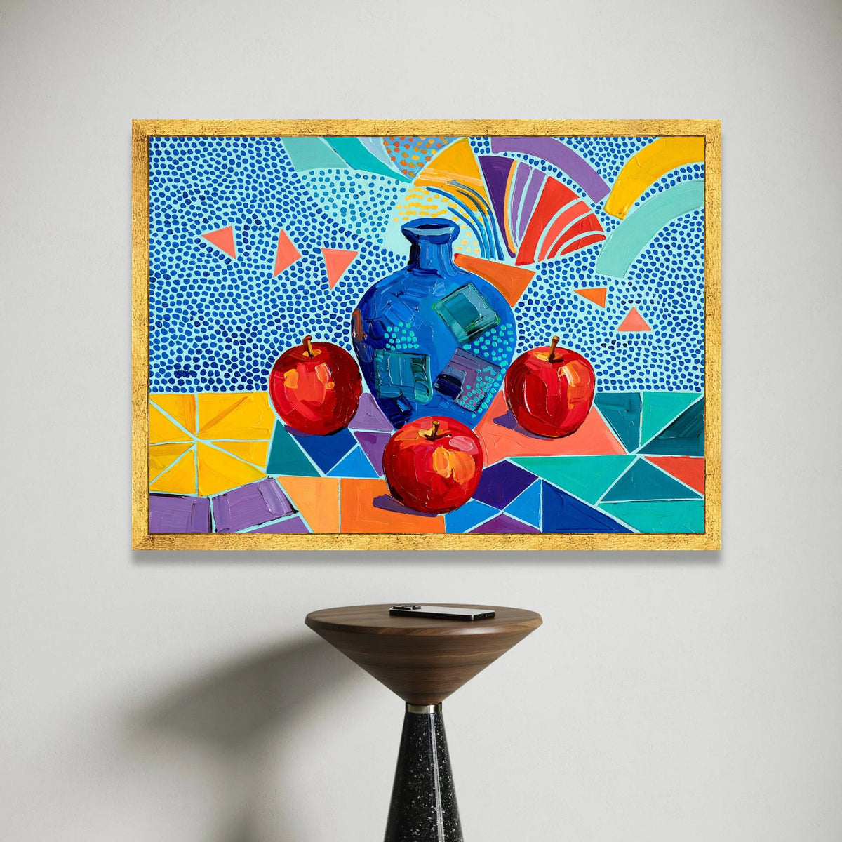 David Hockney Style Still Life Canvas, Colorful Apples and Blue Vase, Contemporary Abstract Wall Art, Modern Geometric Home Canvas Print Art