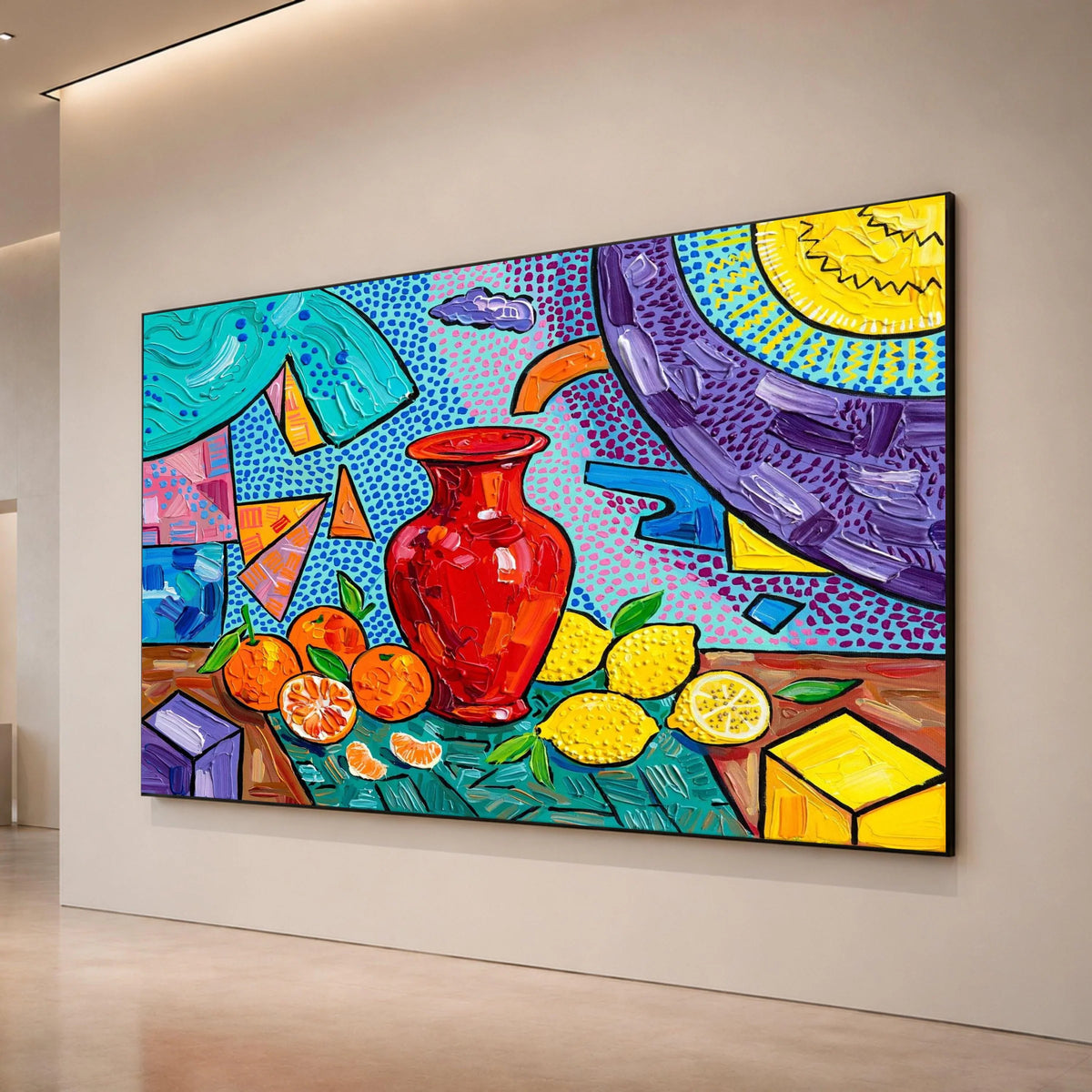 David Hockney Style Still Life Canvas, Colorful Vase and Citrus Fruit Wall Art, Pop Art Home Decoration Canvas Print Art