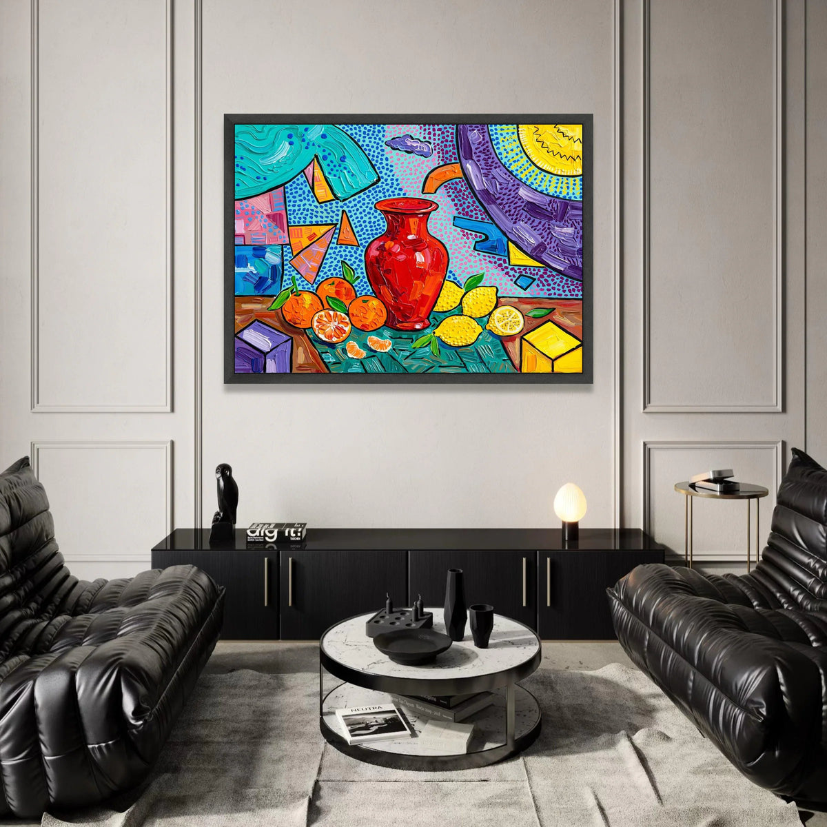 David Hockney Style Still Life Canvas, Colorful Vase and Citrus Fruit Wall Art, Pop Art Home Decoration Canvas Print Art