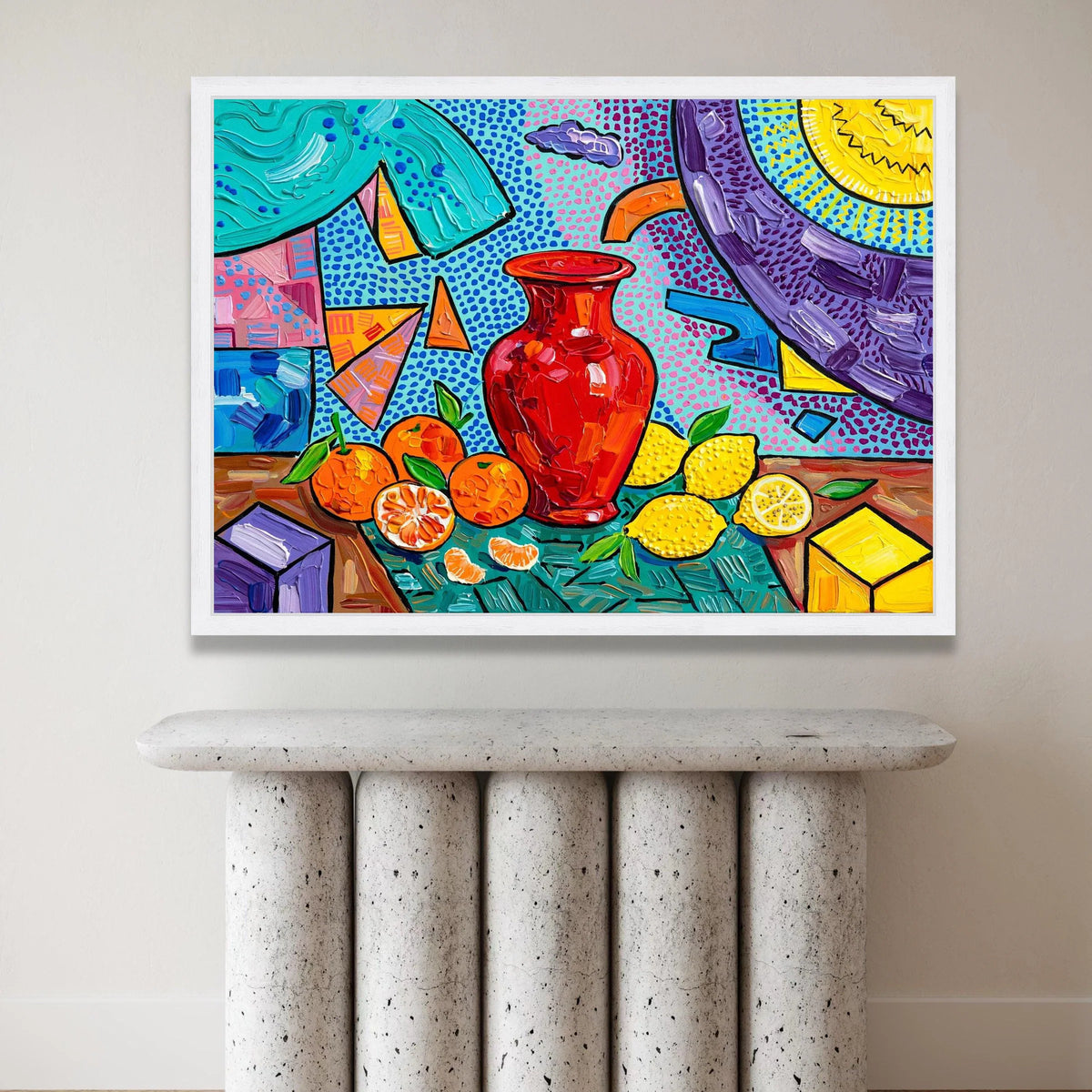 David Hockney Style Still Life Canvas, Colorful Vase and Citrus Fruit Wall Art, Pop Art Home Decoration Canvas Print Art