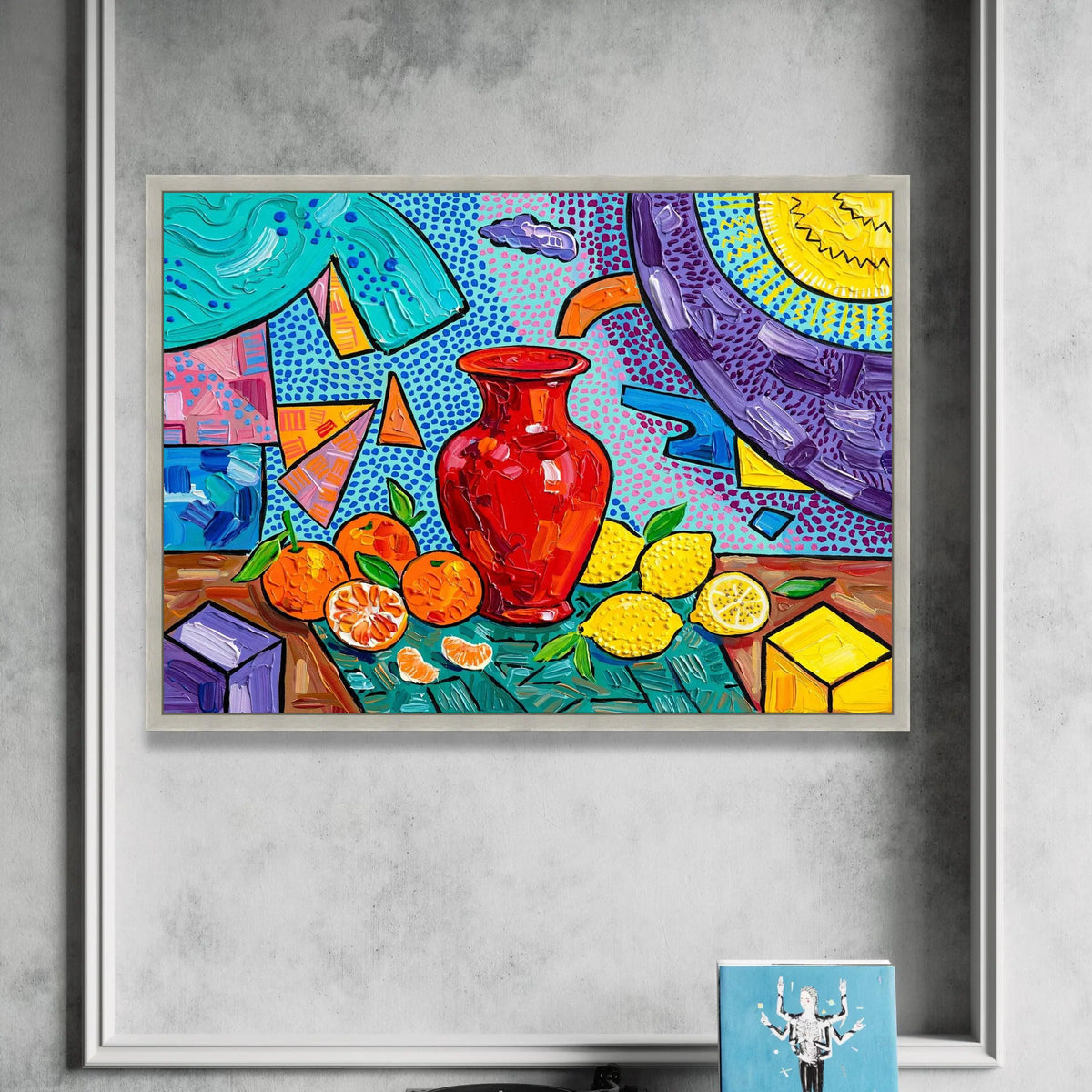 David Hockney Style Still Life Canvas, Colorful Vase and Citrus Fruit Wall Art, Pop Art Home Decoration Canvas Print Art
