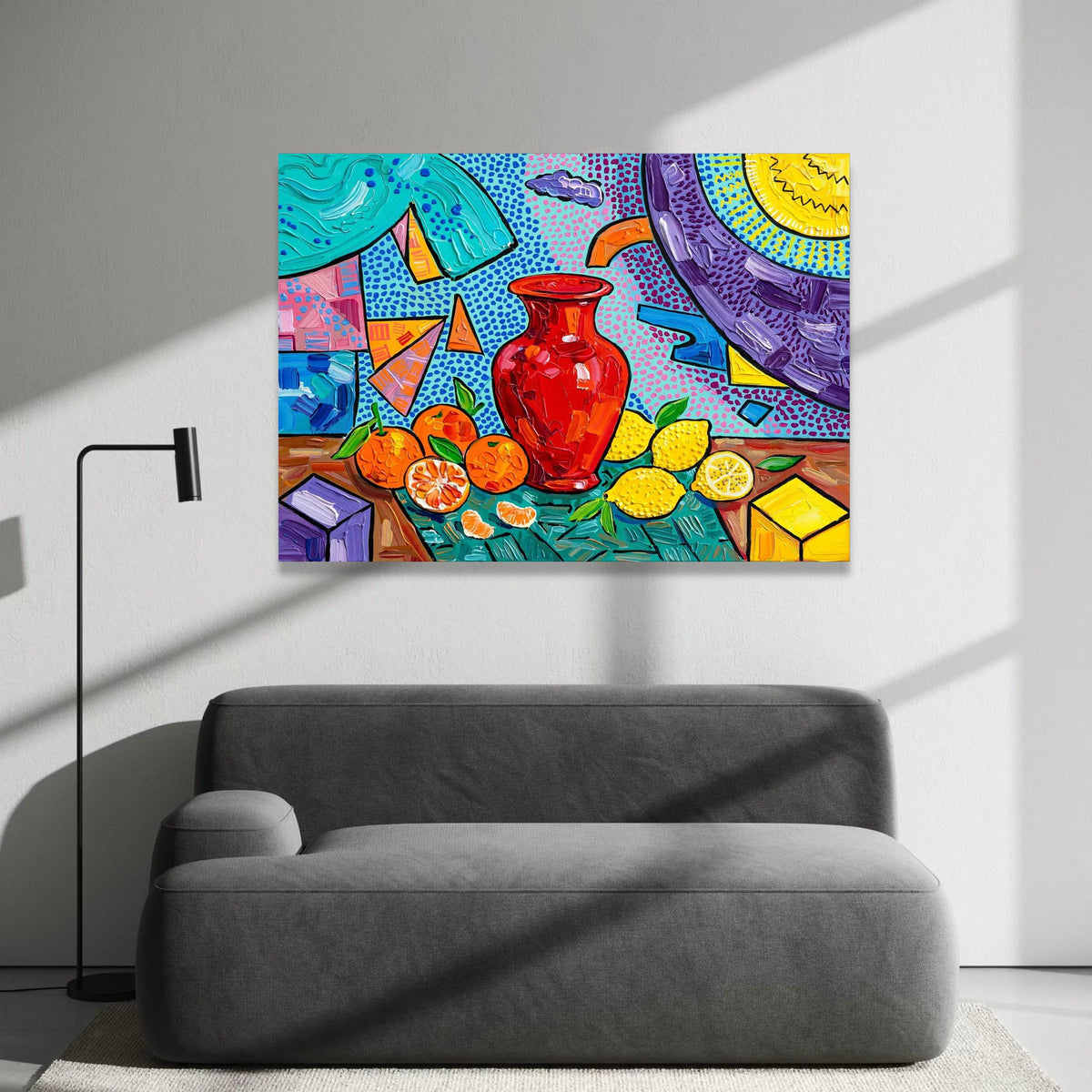 David Hockney Style Still Life Canvas, Colorful Vase and Citrus Fruit Wall Art, Pop Art Home Decoration Canvas Print Art