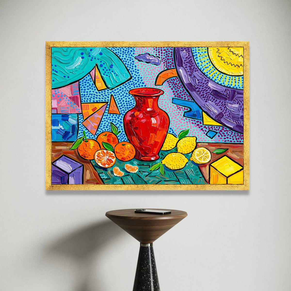 David Hockney Style Still Life Canvas, Colorful Vase and Citrus Fruit Wall Art, Pop Art Home Decoration Canvas Print Art