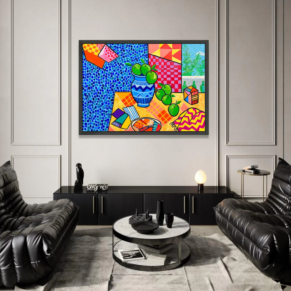 David Hockney Style Still Life Canvas, Modern Colorful Apples Vase Wall Art, Abstract Patterned Home Decoration Canvas Print Art