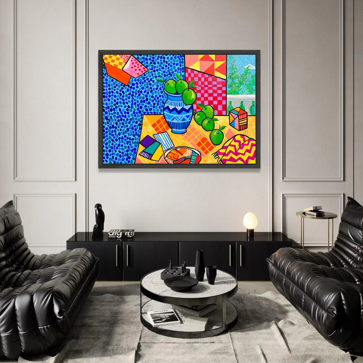 David Hockney Style Still Life Canvas, Modern Colorful Apples Vase Wall Art, Abstract Patterned Home Decoration Canvas Print Art