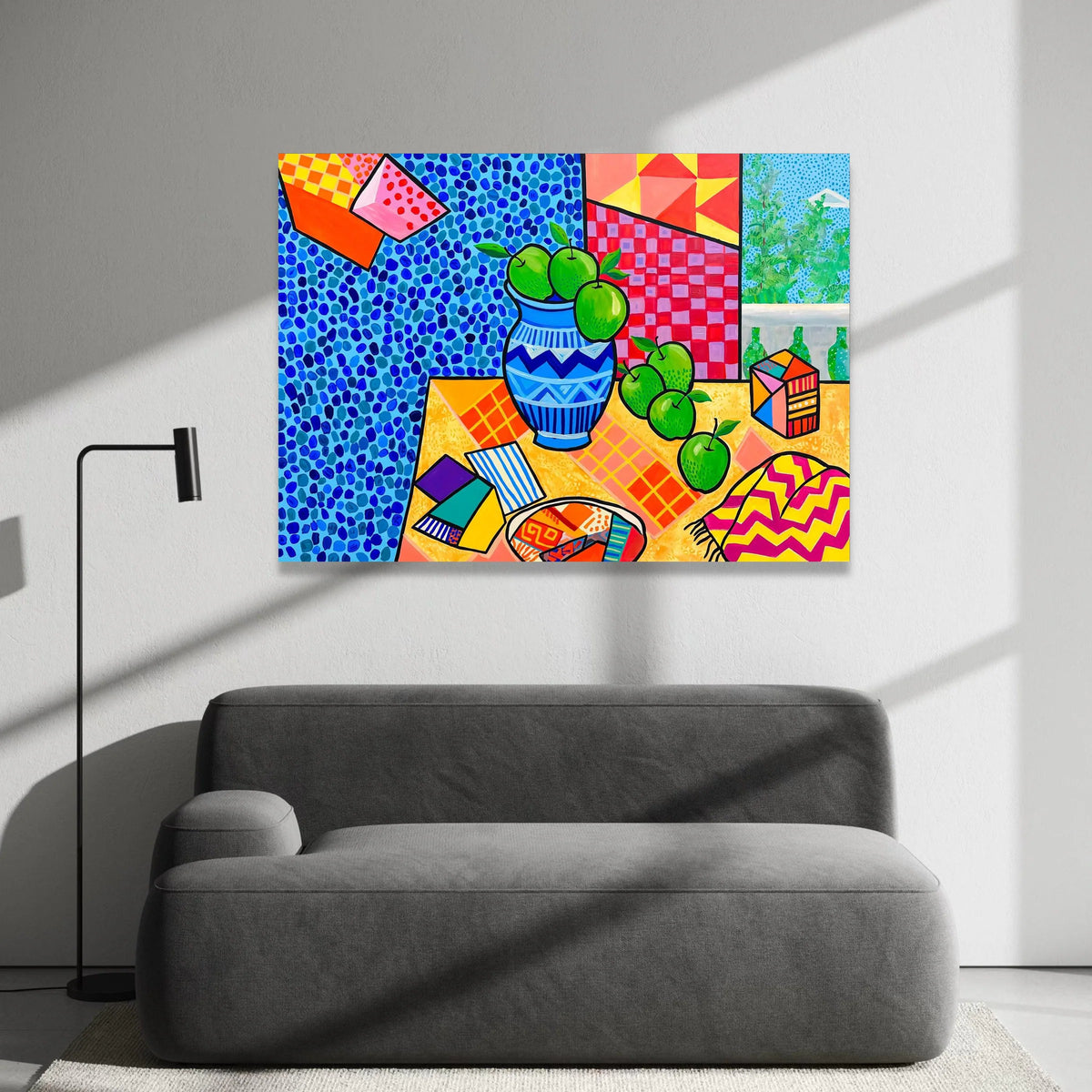 David Hockney Style Still Life Canvas, Modern Colorful Apples Vase Wall Art, Abstract Patterned Home Decoration Canvas Print Art