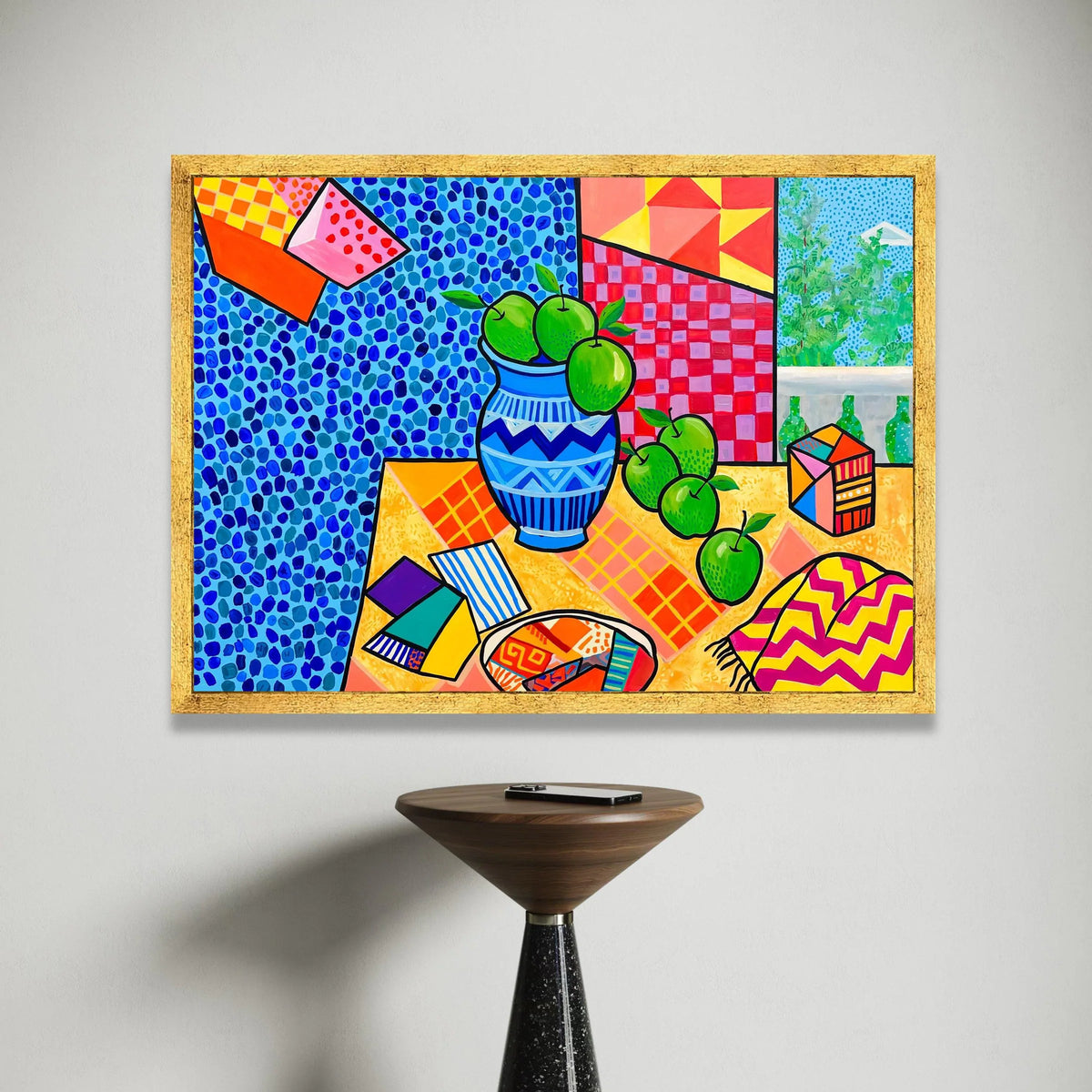 David Hockney Style Still Life Canvas, Modern Colorful Apples Vase Wall Art, Abstract Patterned Home Decoration Canvas Print Art