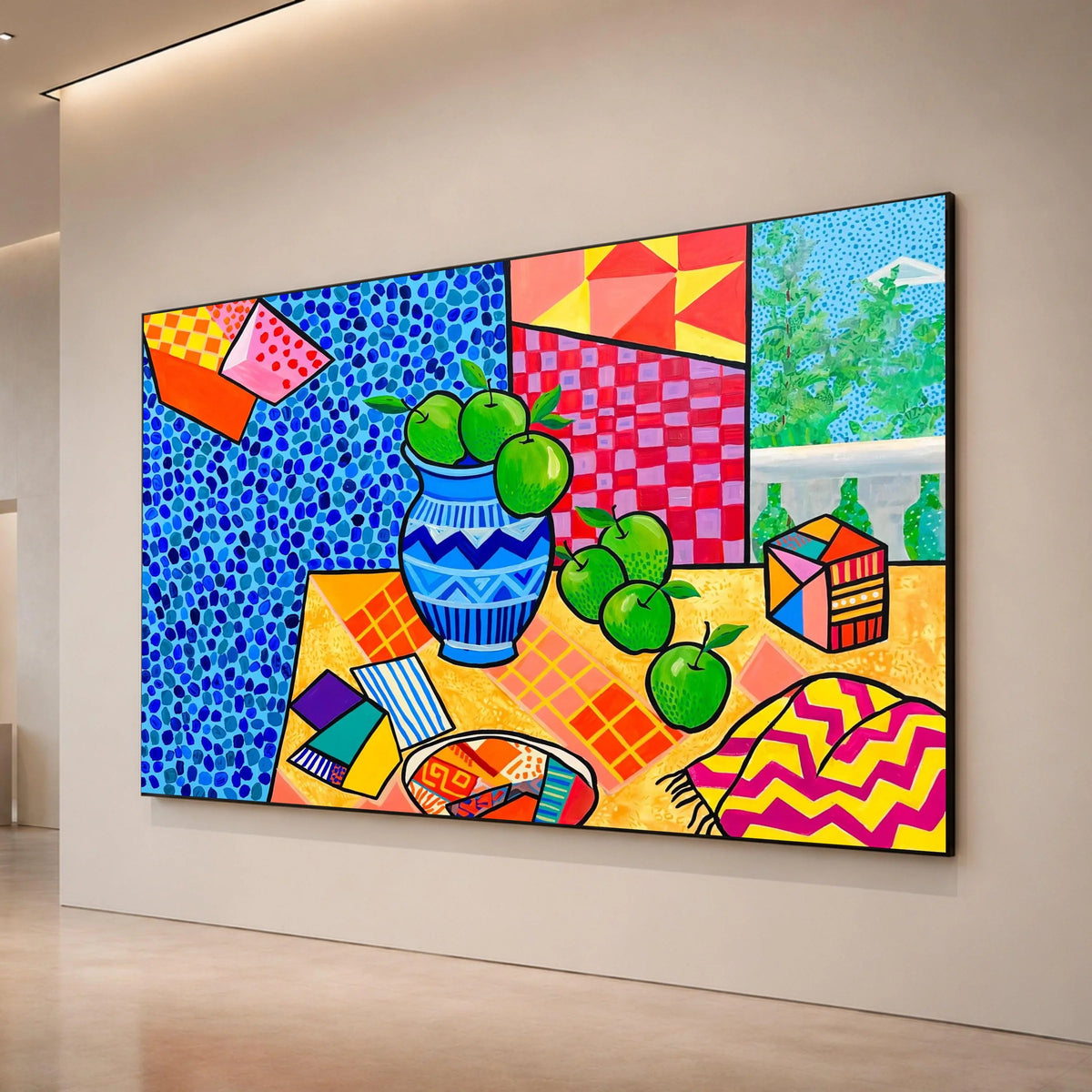 David Hockney Style Still Life Canvas, Modern Colorful Apples Vase Wall Art, Abstract Patterned Home Decoration Canvas Print Art