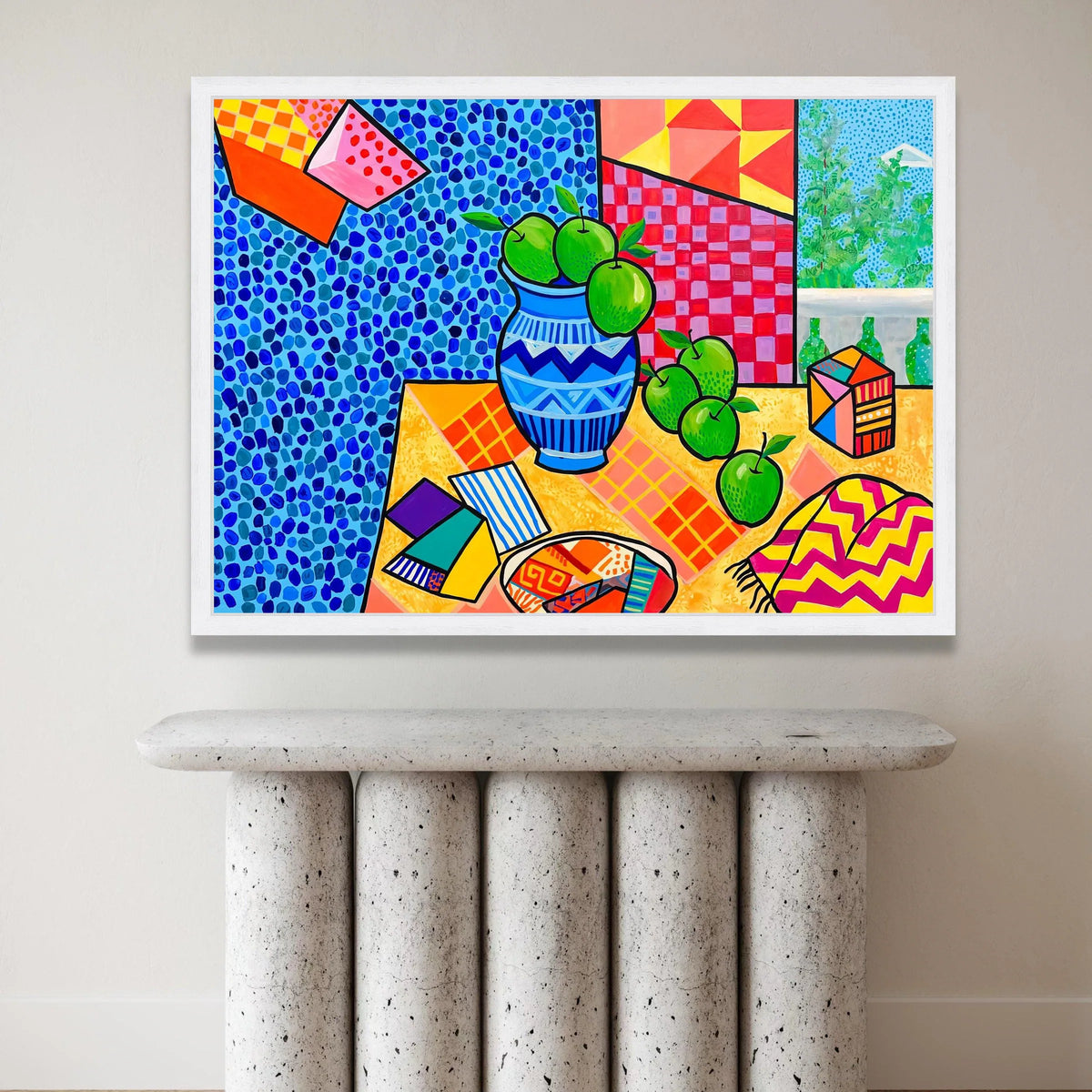 David Hockney Style Still Life Canvas, Modern Colorful Apples Vase Wall Art, Abstract Patterned Home Decoration Canvas Print Art