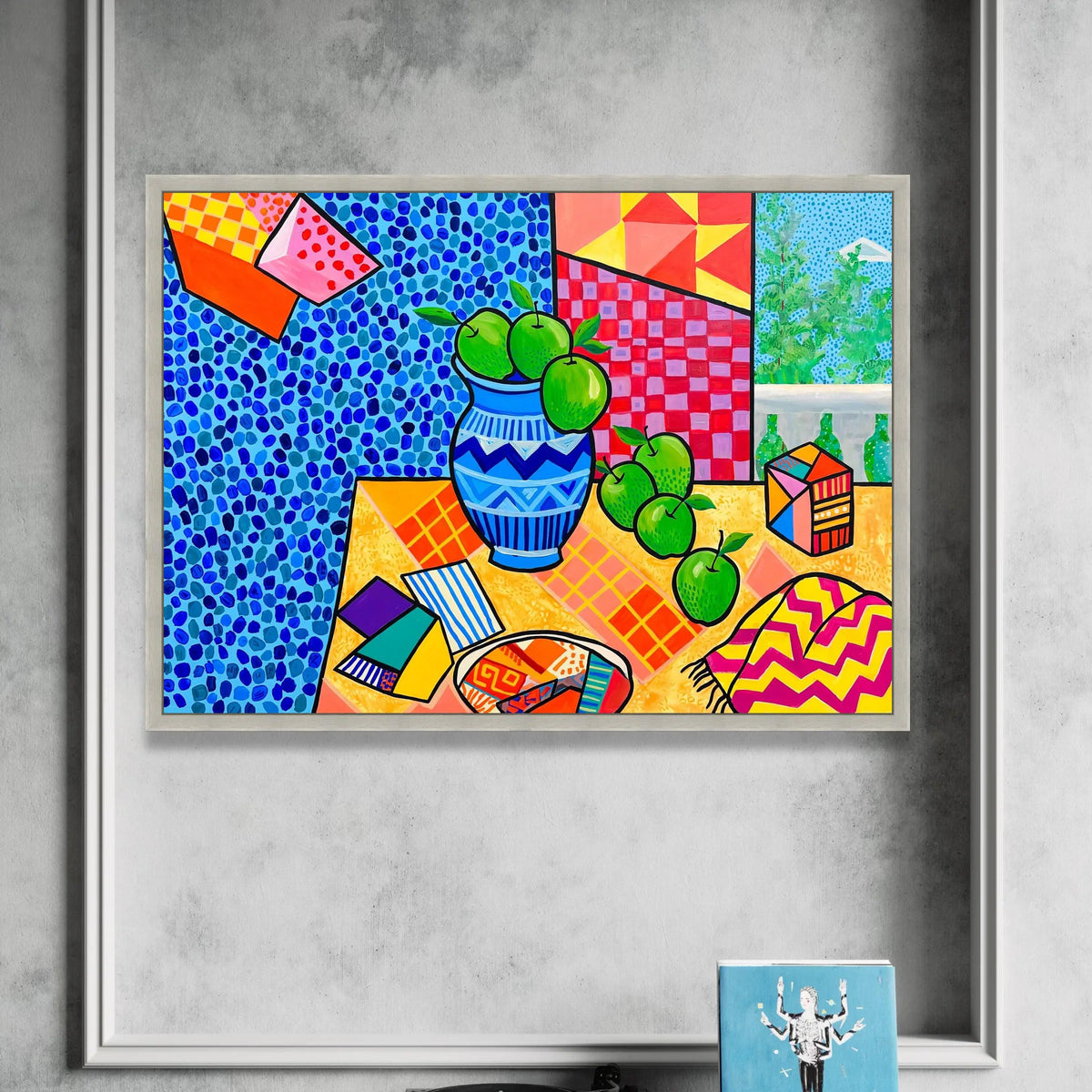 David Hockney Style Still Life Canvas, Modern Colorful Apples Vase Wall Art, Abstract Patterned Home Decoration Canvas Print Art