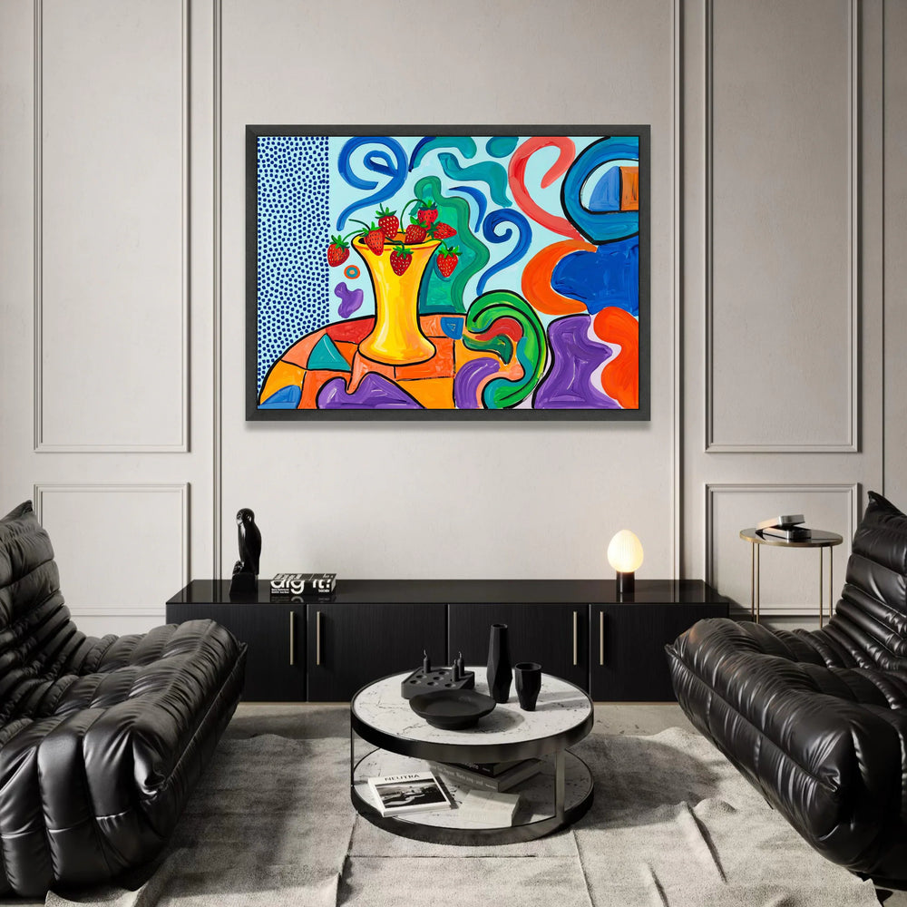 David Hockney Style Vibrant Strawberry Vase Canvas, Modern Abstract Wall Art, Colorful Contemporary Home Decor Canvas Print Art