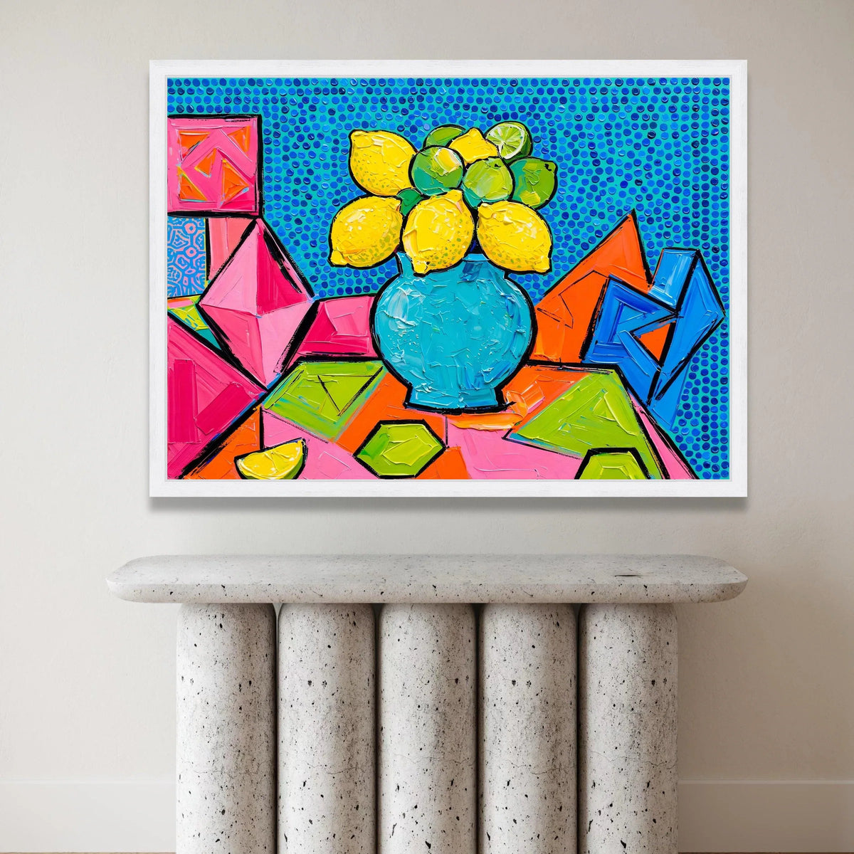 David Hockney Style Citrus Still Life Canvas, Vibrant Modern Fruit Vase Wall Art, Colorful Abstract Geometric Home Decor Canvas Print Art