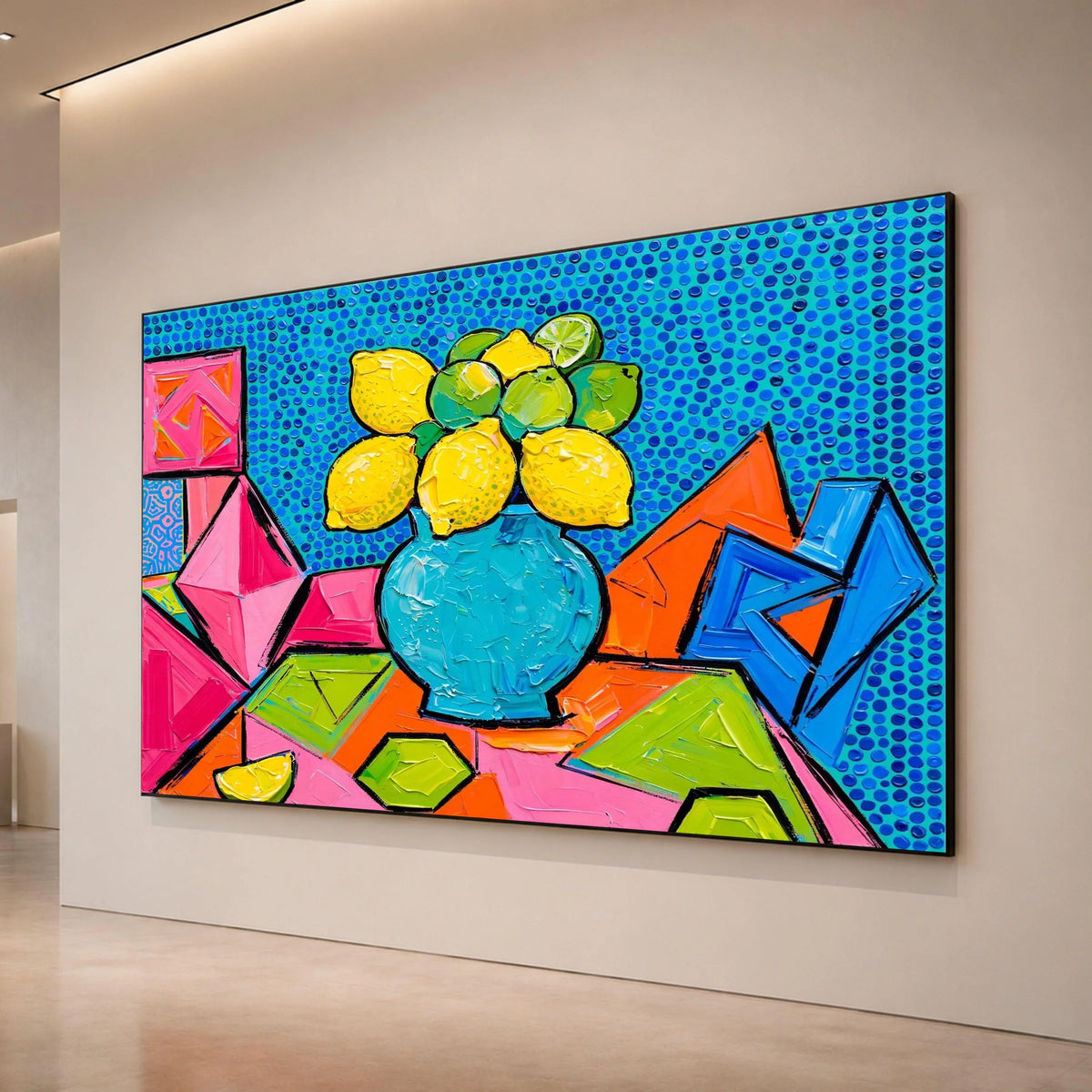 David Hockney Style Citrus Still Life Canvas, Vibrant Modern Fruit Vase Wall Art, Colorful Abstract Geometric Home Decor Canvas Print Art
