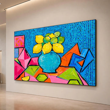David Hockney Style Citrus Still Life Canvas, Vibrant Modern Fruit Vase Wall Art, Colorful Abstract Geometric Home Decor Canvas Print Art