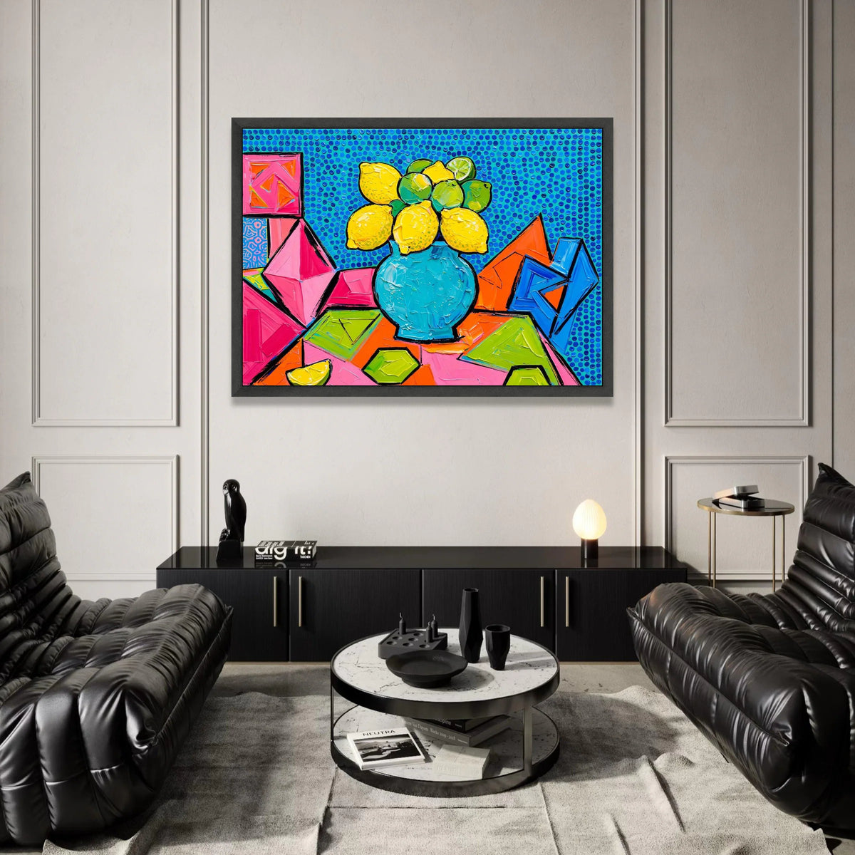 David Hockney Style Citrus Still Life Canvas, Vibrant Modern Fruit Vase Wall Art, Colorful Abstract Geometric Home Decor Canvas Print Art