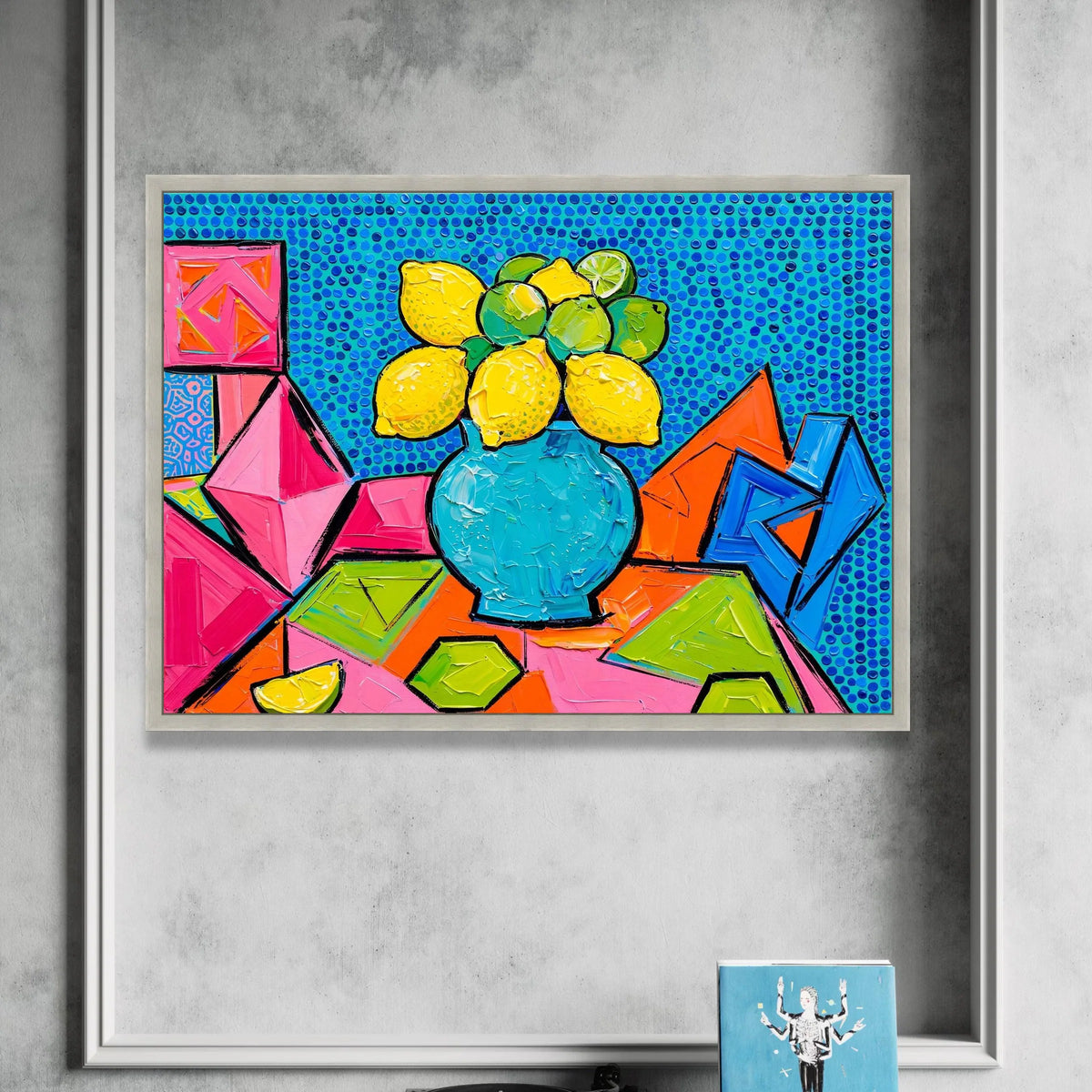 David Hockney Style Citrus Still Life Canvas, Vibrant Modern Fruit Vase Wall Art, Colorful Abstract Geometric Home Decor Canvas Print Art