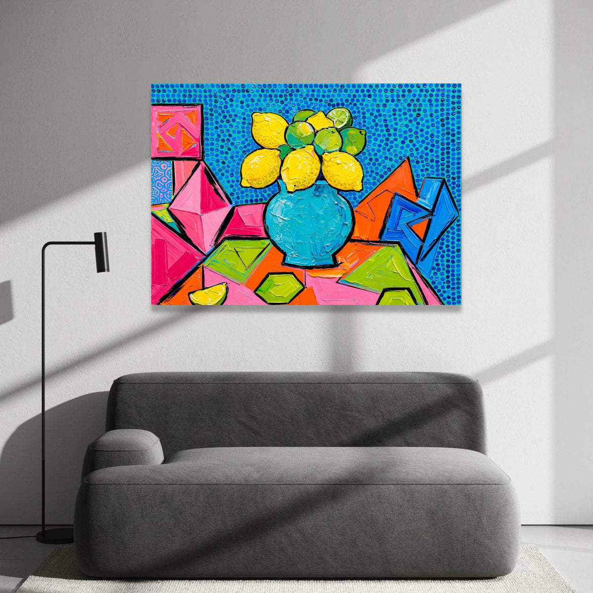 David Hockney Style Citrus Still Life Canvas, Vibrant Modern Fruit Vase Wall Art, Colorful Abstract Geometric Home Decor Canvas Print Art